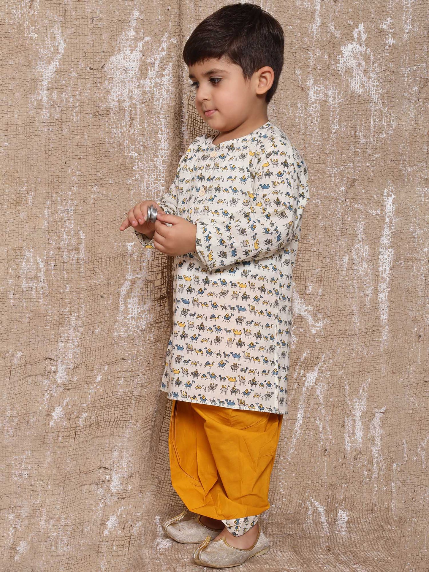 Kids Animal Print Pure Cotton Yellow Dhoti Kurta Set For Boys