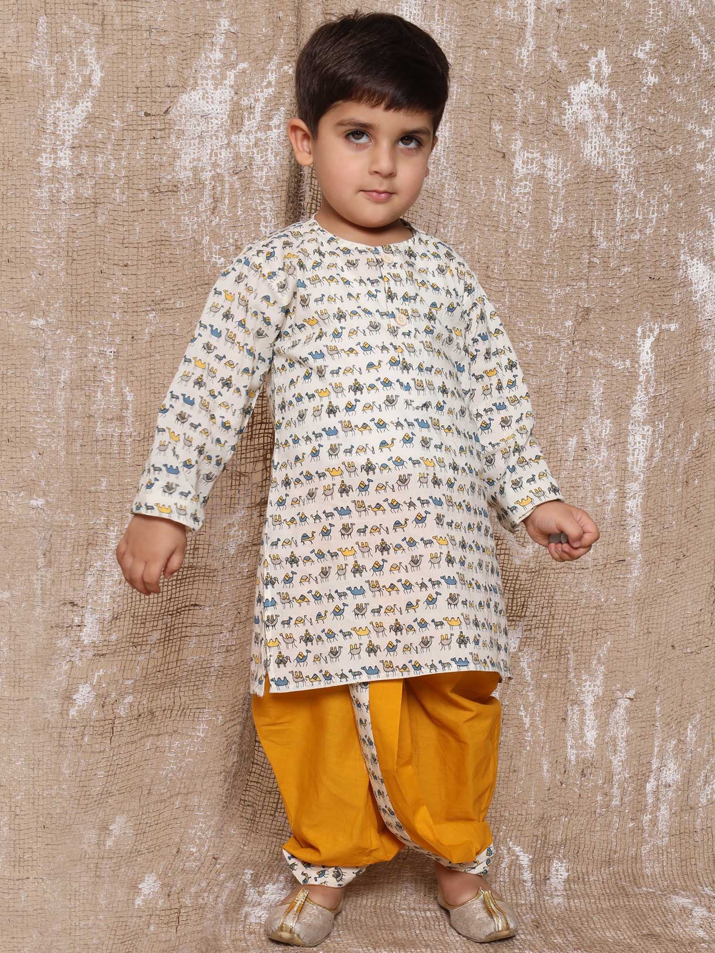 Kids Animal Print Pure Cotton Yellow Dhoti Kurta Set For Boys