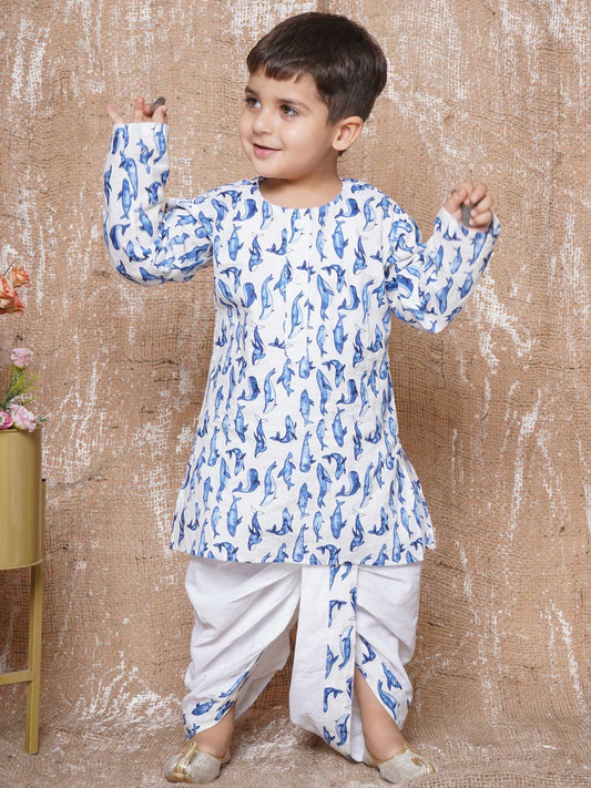 Kids Animal Print Pure Cotton Blue Dhoti Kurta Set For Boys