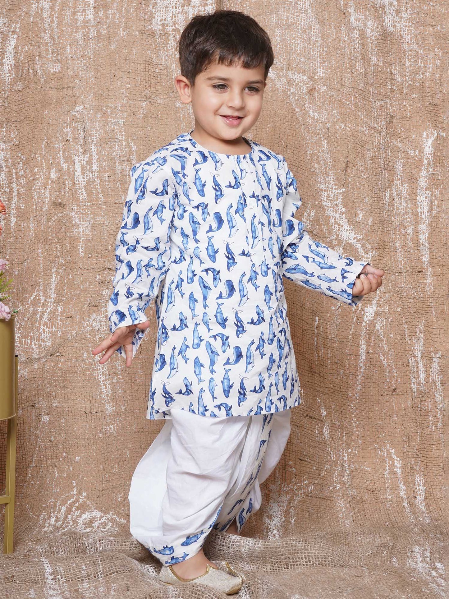 Kids Animal Print Pure Cotton Blue Dhoti Kurta Set For Boys