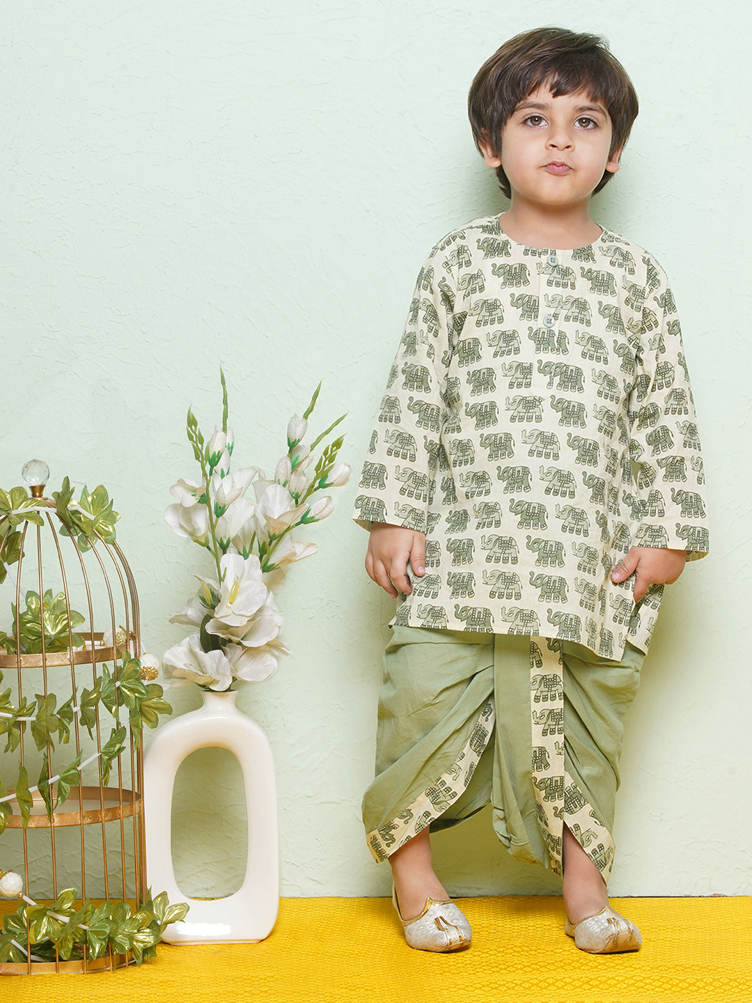 Kids Animal Print Pure Cotton Green Dhoti Kurta Set For Boys