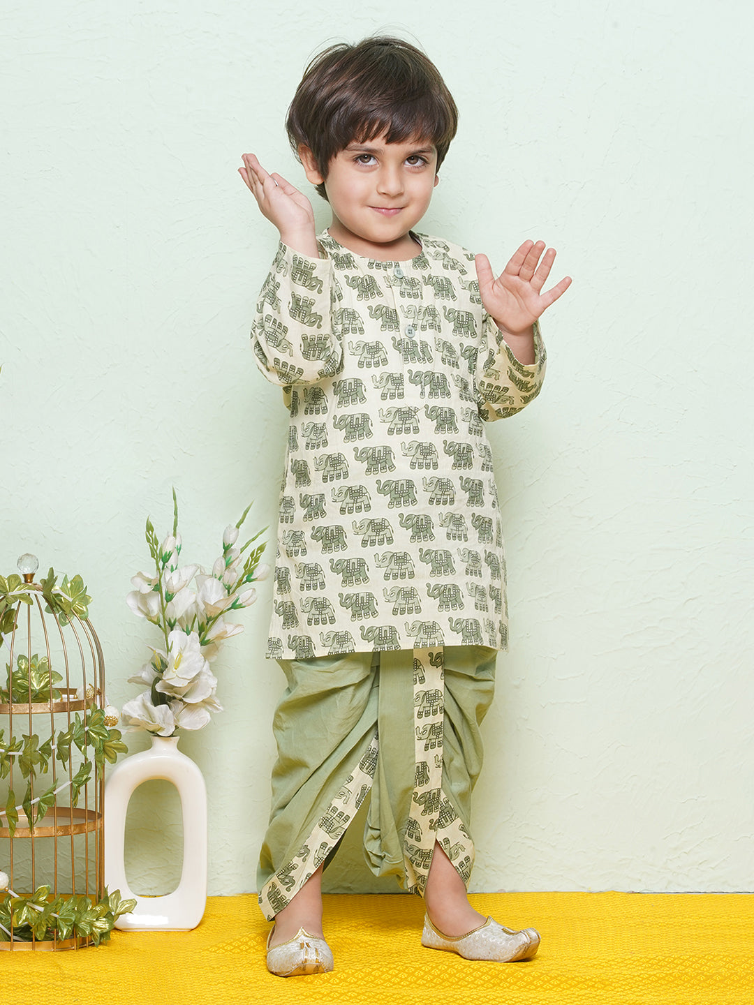 Kids Animal Print Pure Cotton Green Dhoti Kurta Set For Boys