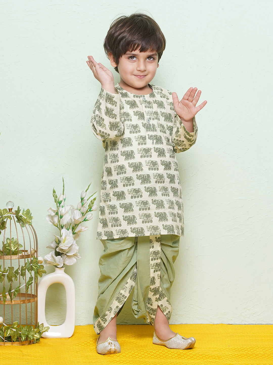 Kids Boys Green Animal Print Pure Cotton Dhoti Set