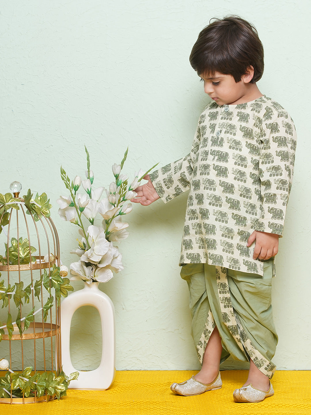 Kids Boys Green Animal Print Pure Cotton Dhoti Set