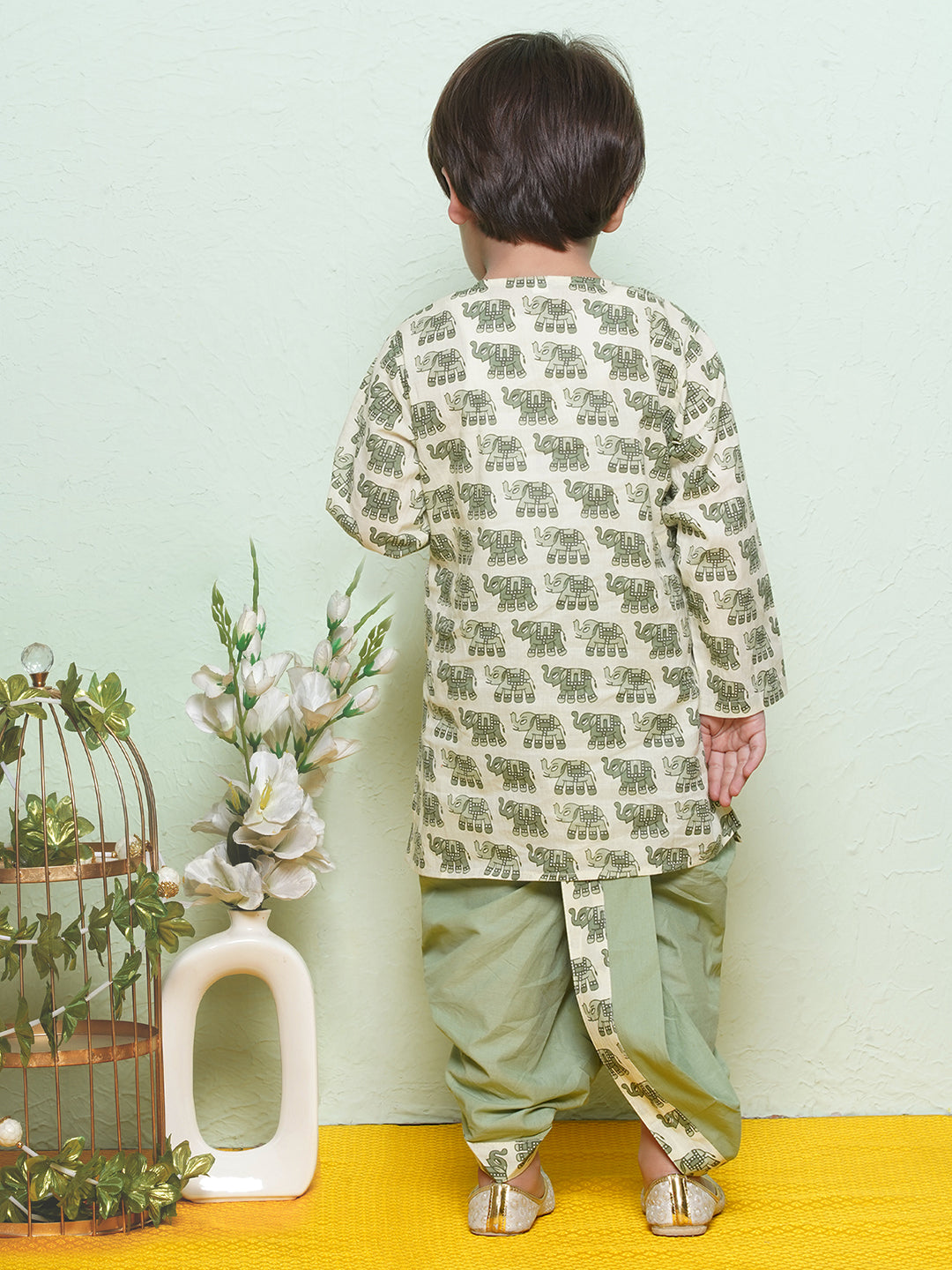 Kids Boys Green Animal Print Pure Cotton Dhoti Set