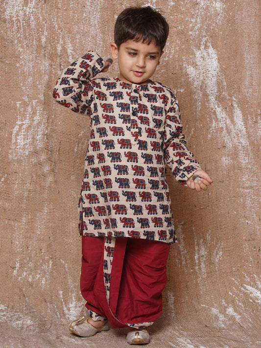 Kids Animal Print Pure Cotton Maroon Dhoti Kurta Set For Boys
