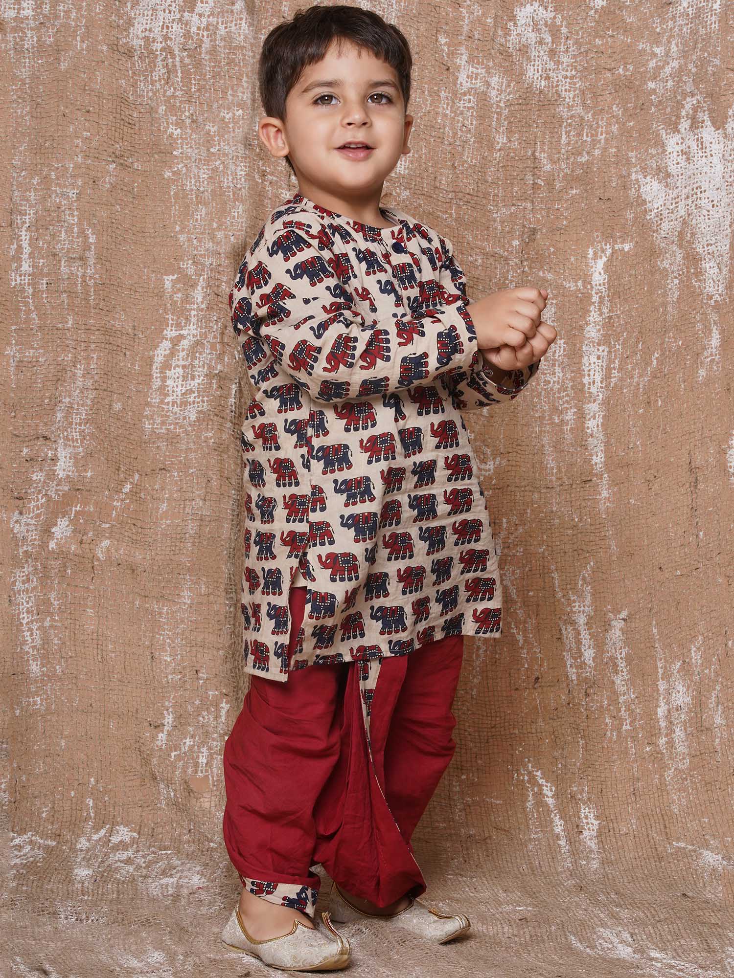 Kids Boys Maroon Animal Print Pure Cotton Dhoti Set