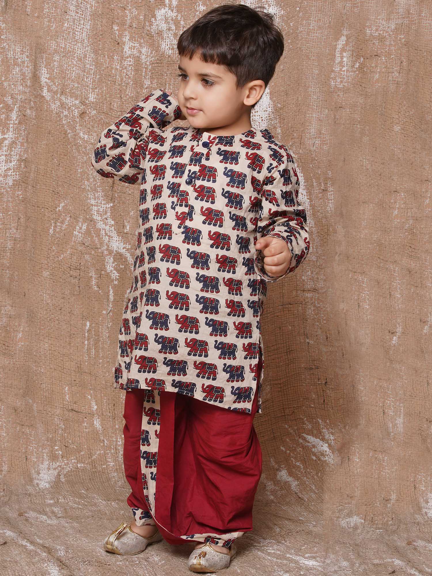 Kids Boys Maroon Animal Print Pure Cotton Dhoti Set