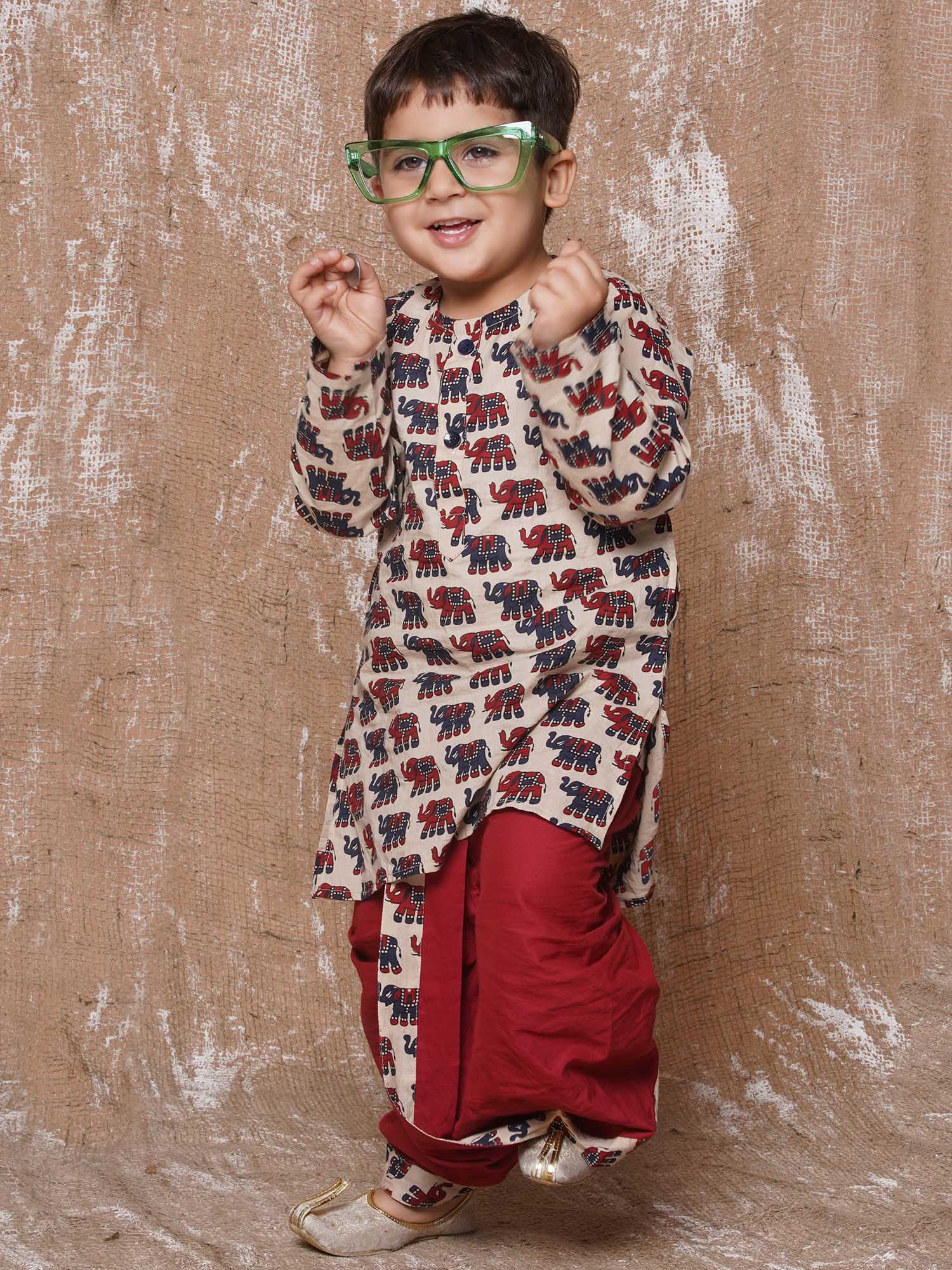 Kids Boys Maroon Animal Print Pure Cotton Dhoti Set