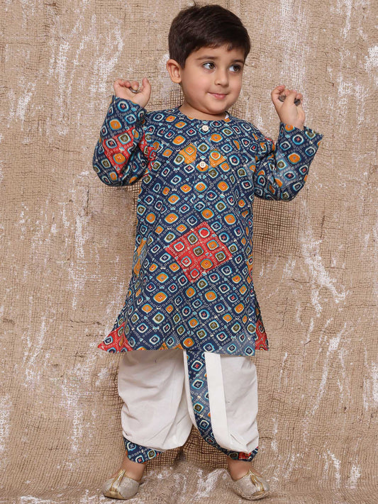 Kids Bandhani Print Pure Cotton Blue Dhoti Kurta Set For Boys