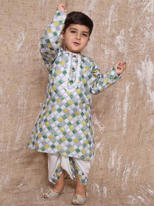 Kids Geometric Print Pure Cotton Green Dhoti Kurta Set For Boys