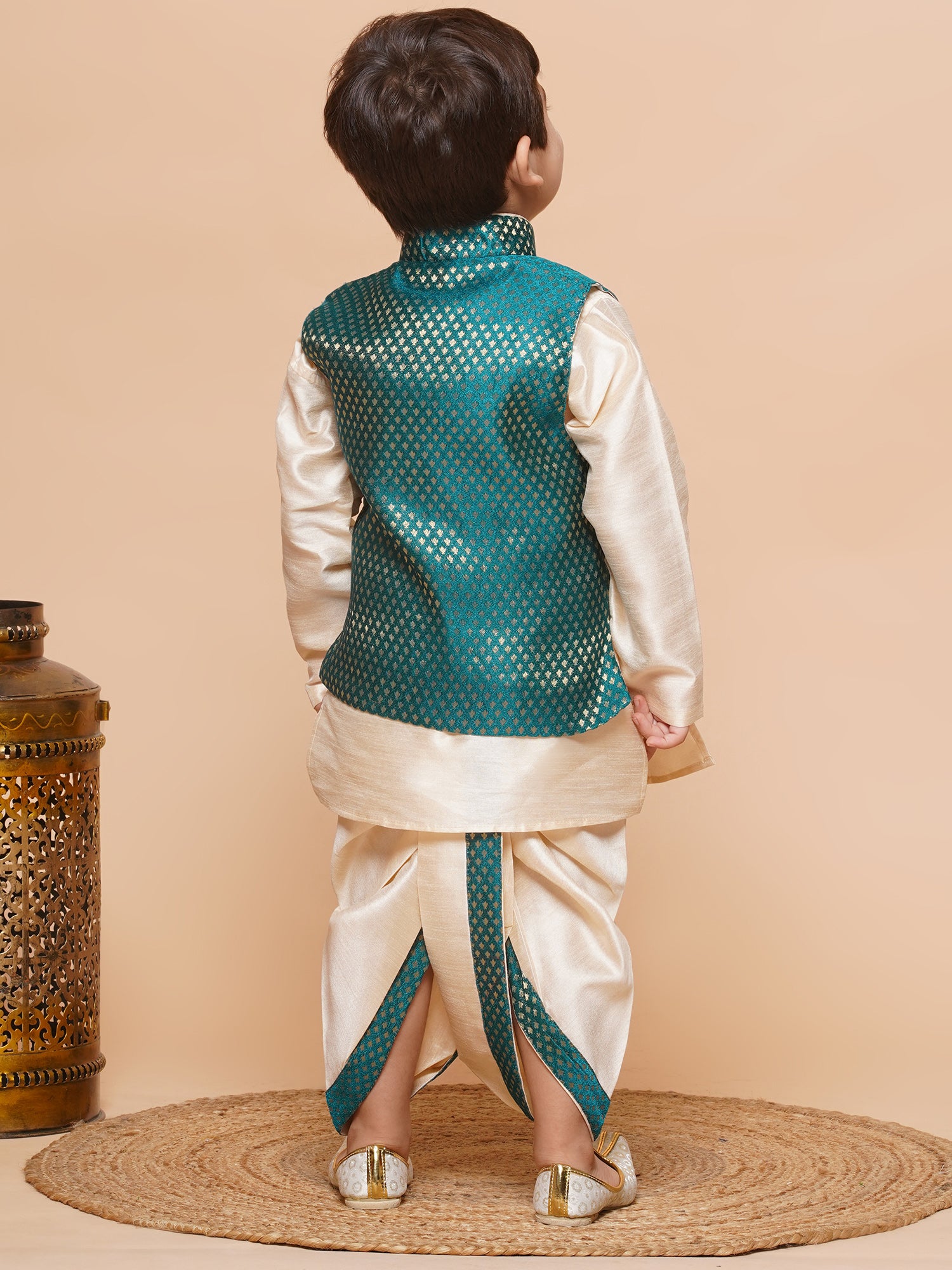 Kids Boys Green Solid Raw Silk Dhoti Set - AJ Dezines