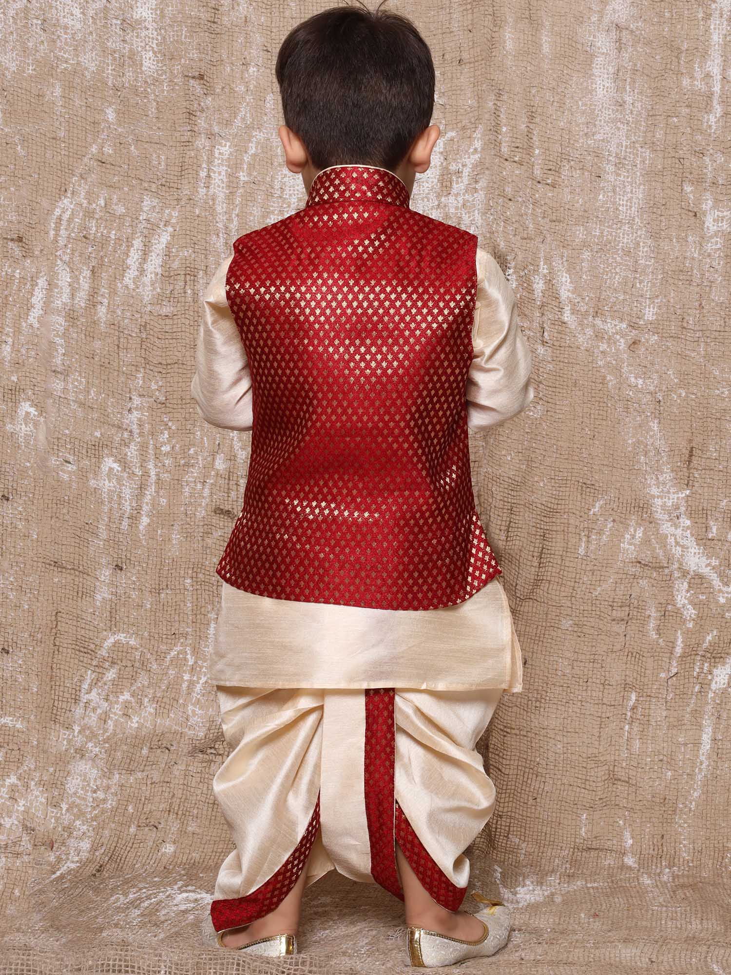 Kids Boys Maroon Solid Raw Silk Dhoti Set