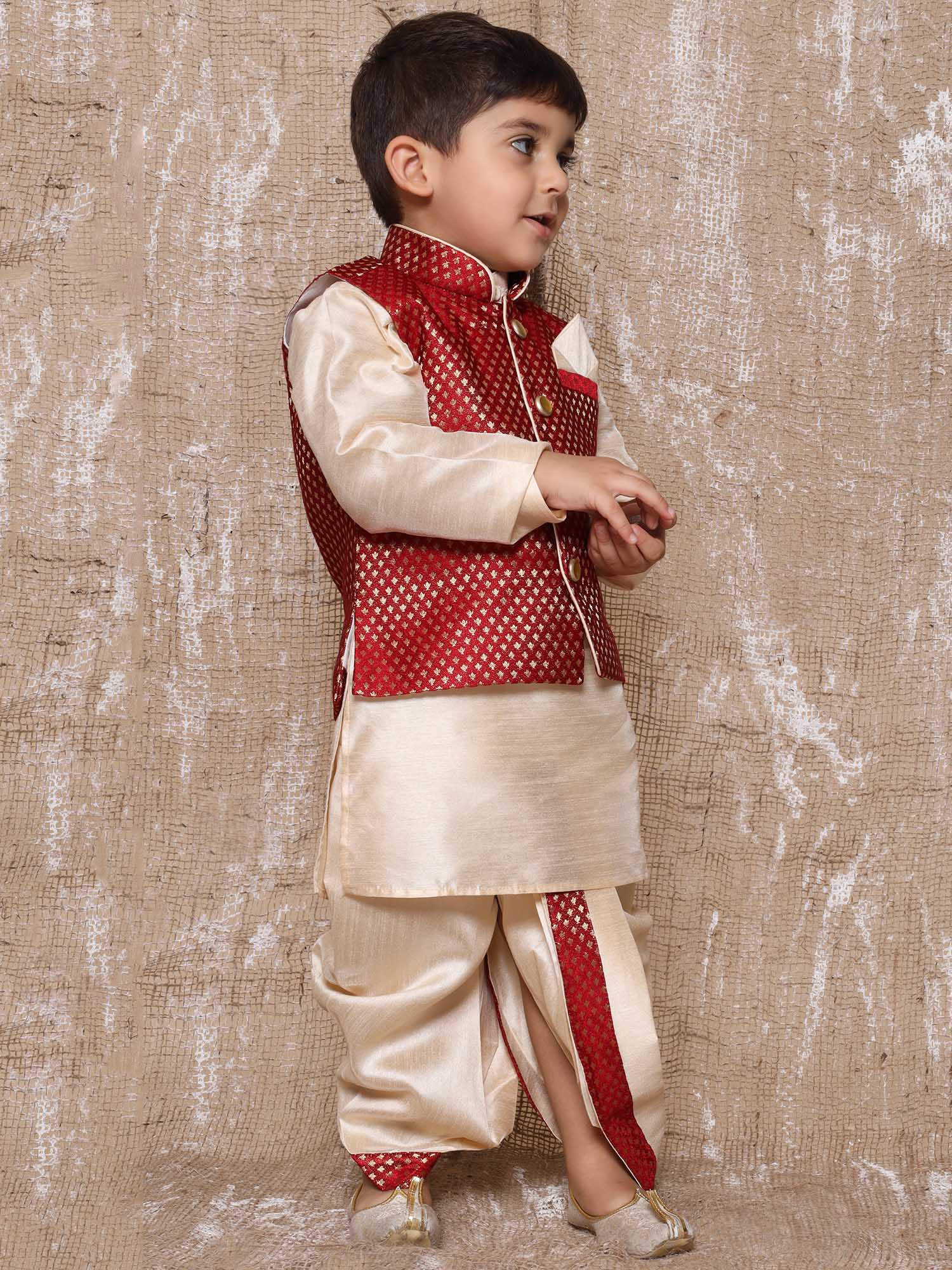 Kids Boys Maroon Solid Raw Silk Dhoti Set