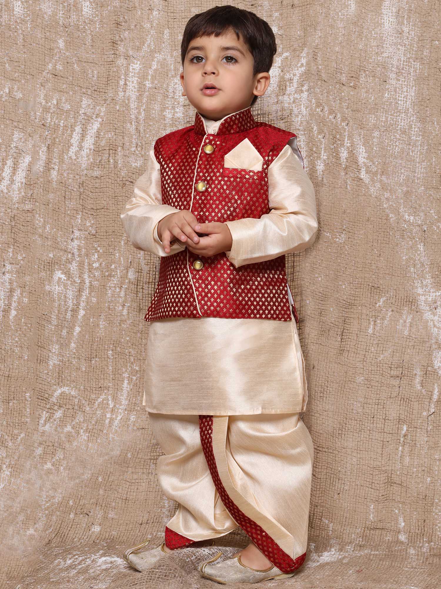 Kids Boys Maroon Solid Raw Silk Dhoti Set