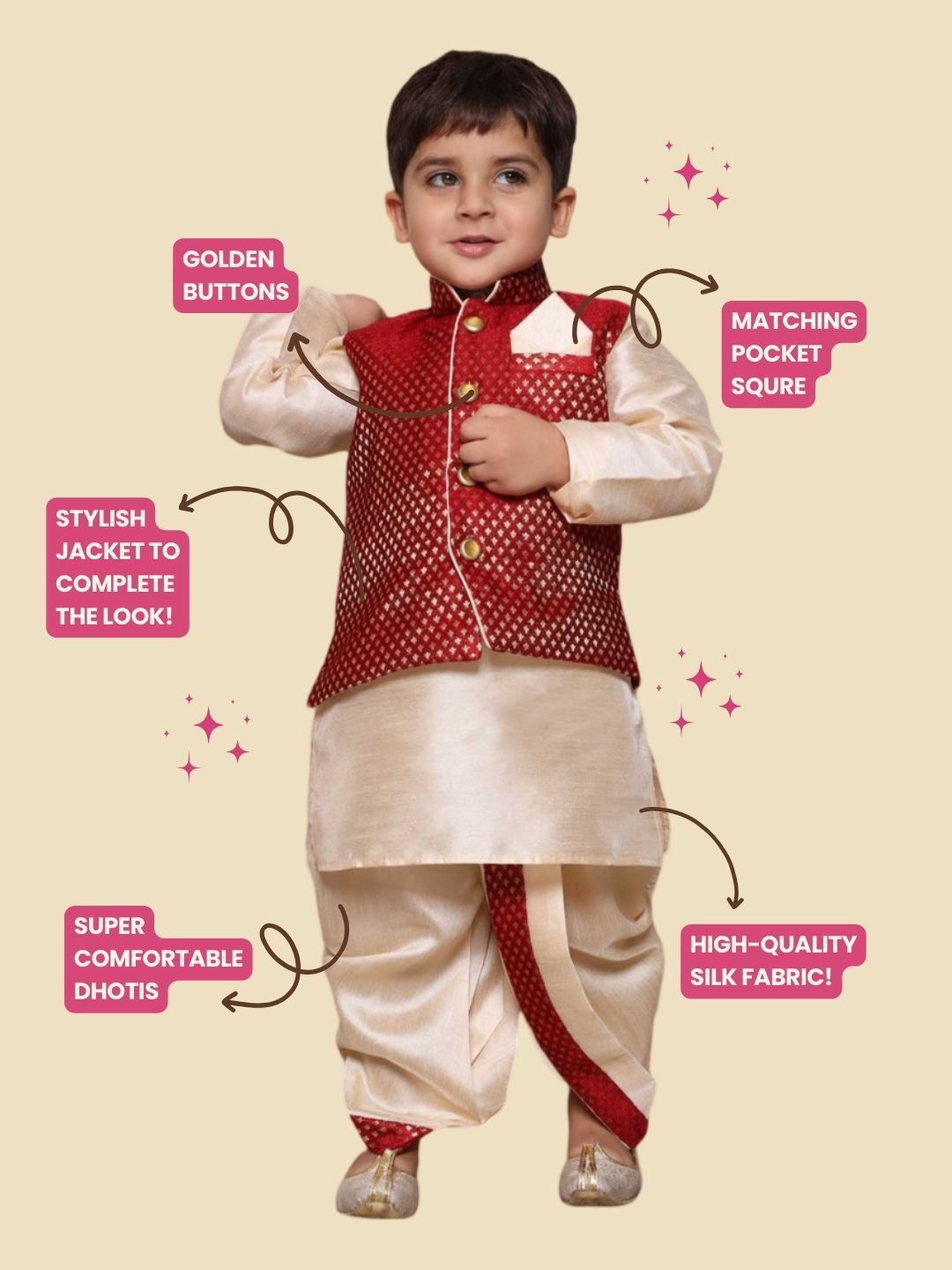 Kids Boys Maroon Solid Raw Silk Dhoti Set