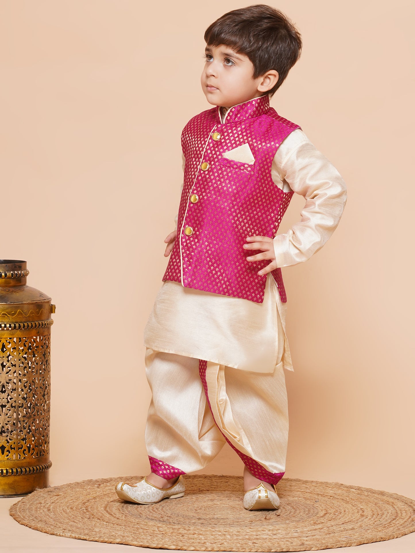 Kids Pink Raw Silk Dhoti Kurta Set For Boys With Waistcoat