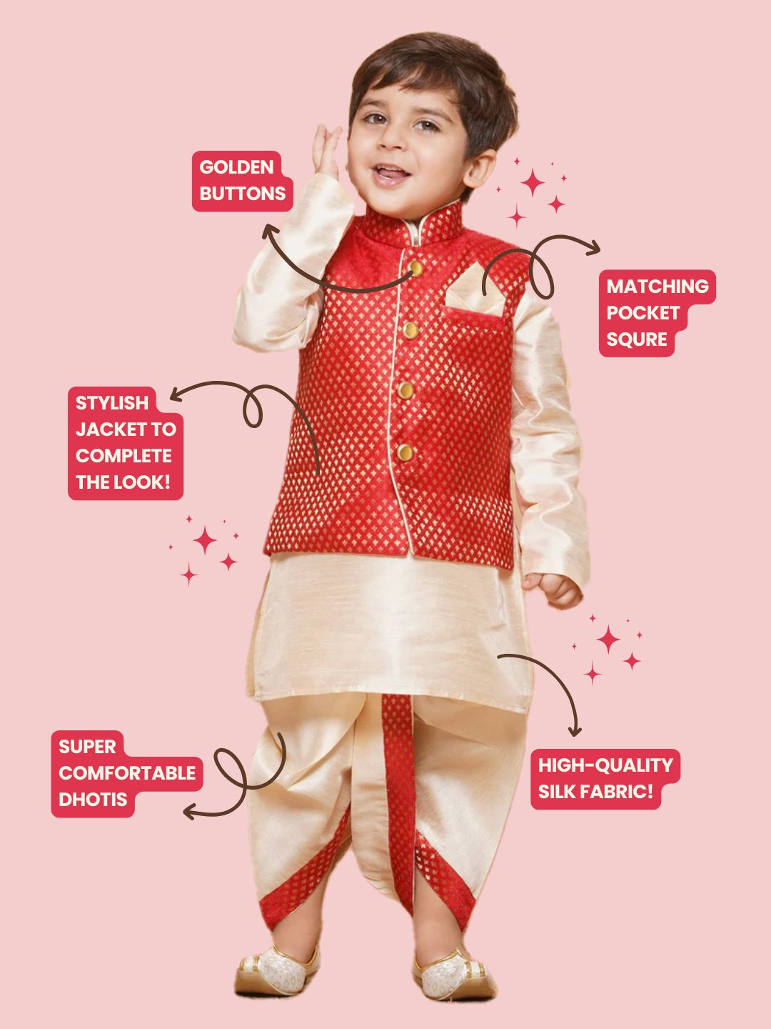 Kids Boys Red Solid Raw Silk Dhoti Set