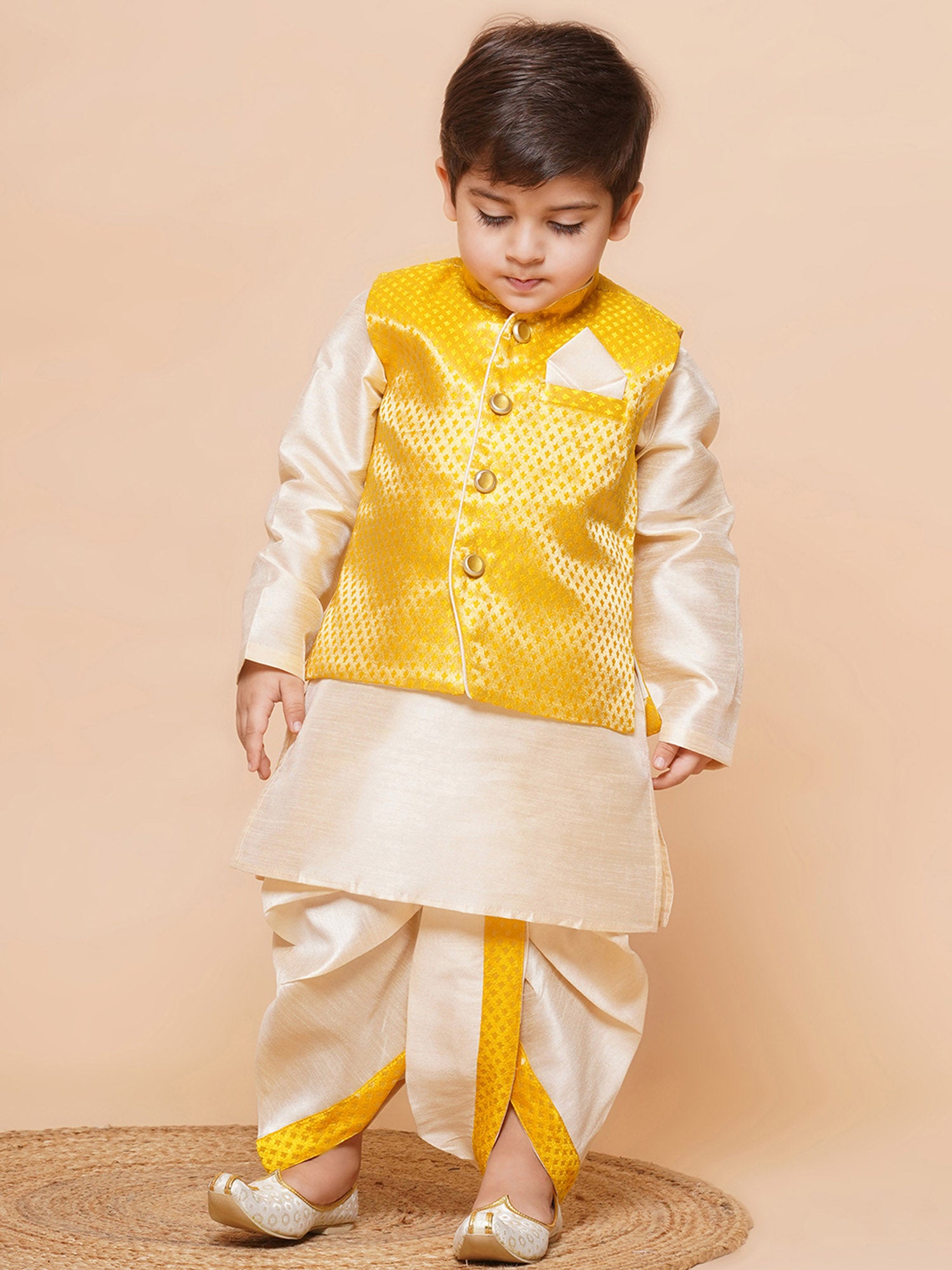 Kids Boys Yellow Solid Raw Silk Dhoti Set
