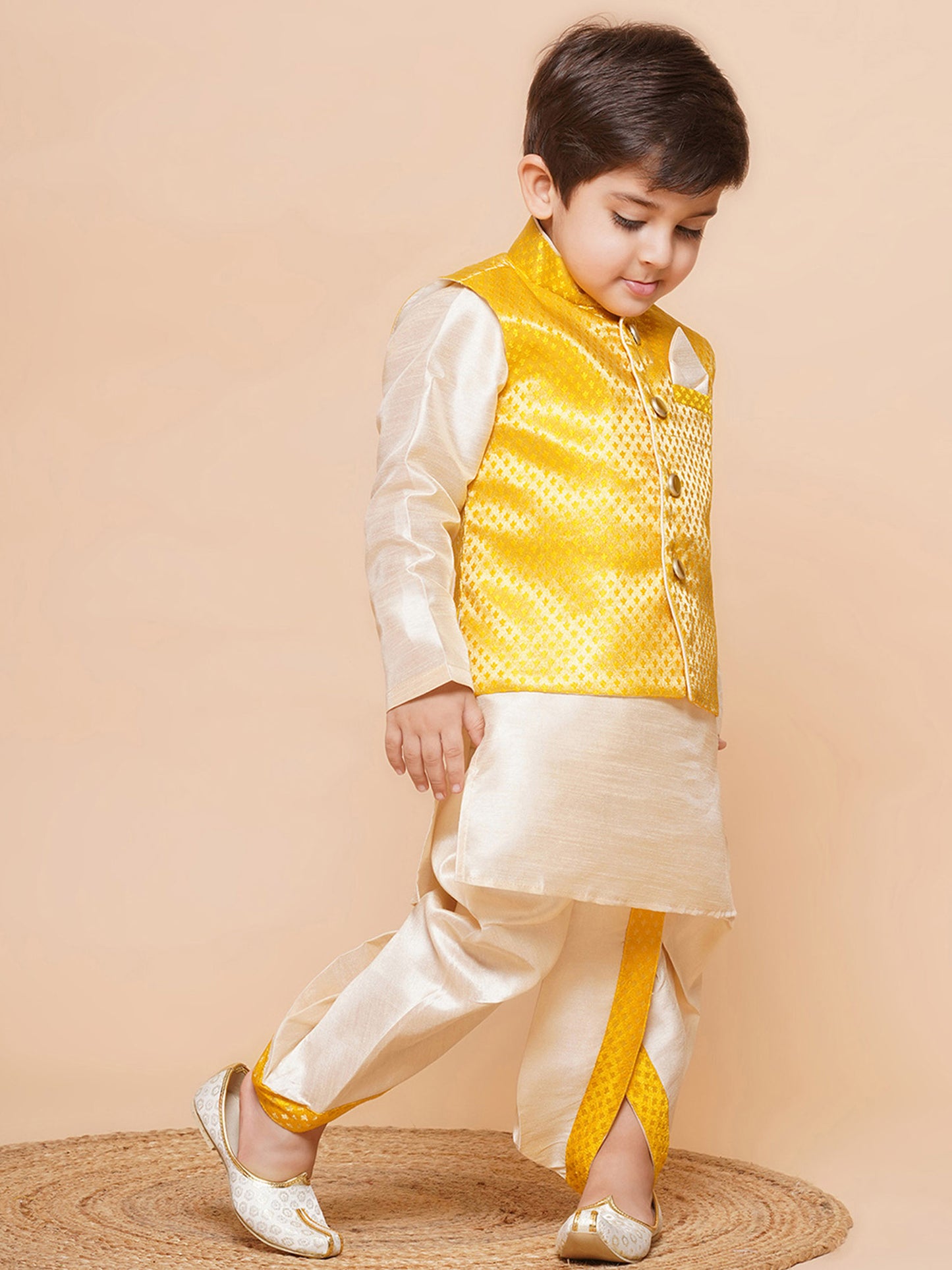 Kids Yellow Raw Silk Dhoti Kurta Set For Boys With Waistcoat