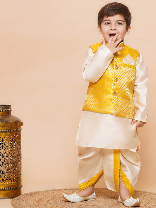 Kids Yellow Raw Silk Dhoti Kurta Set For Boys With Waistcoat