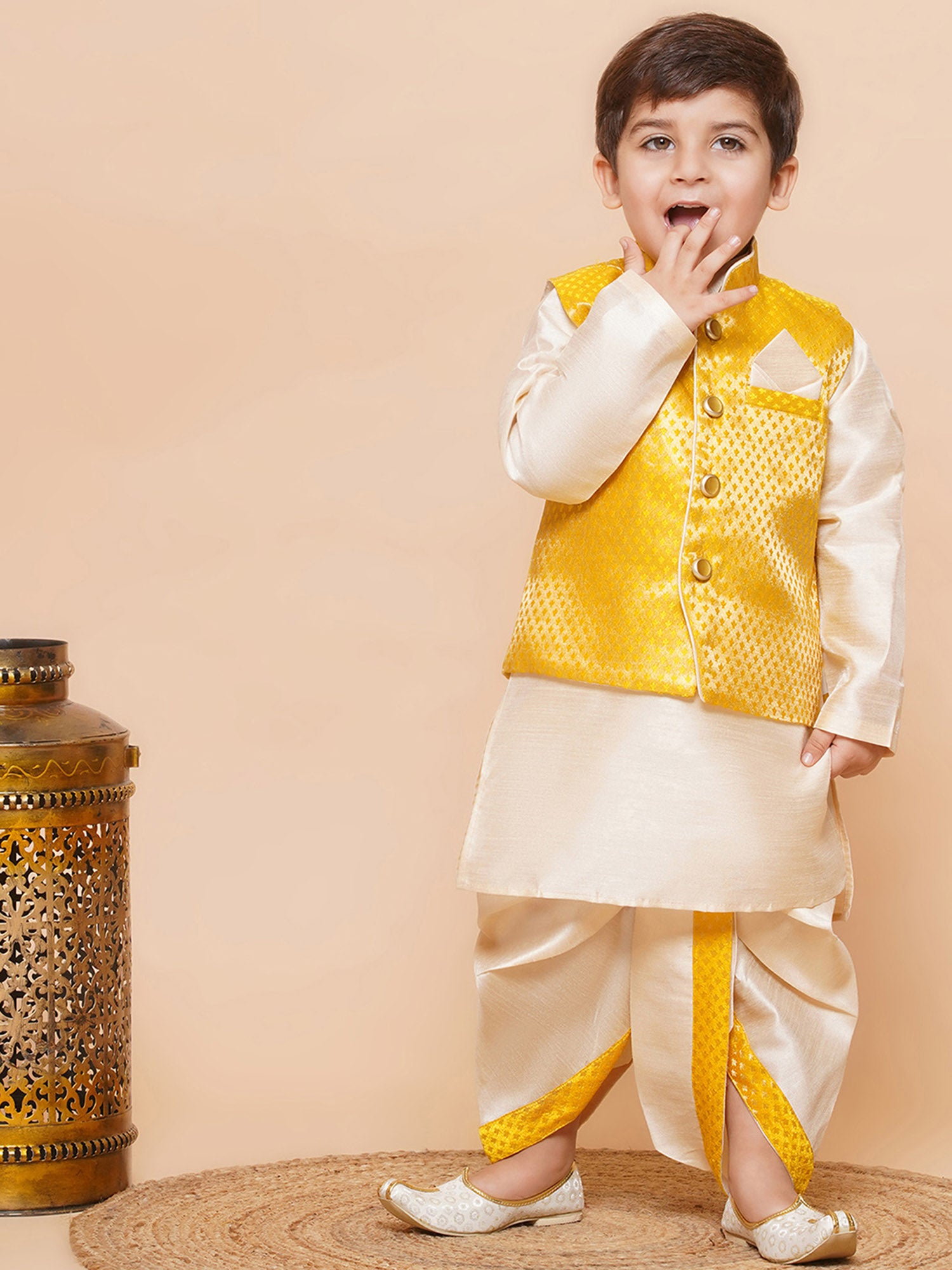 Kids Boys Yellow Solid Raw Silk Dhoti Set