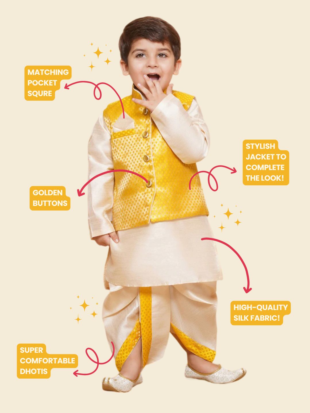 Kids Boys Yellow Solid Raw Silk Dhoti Set