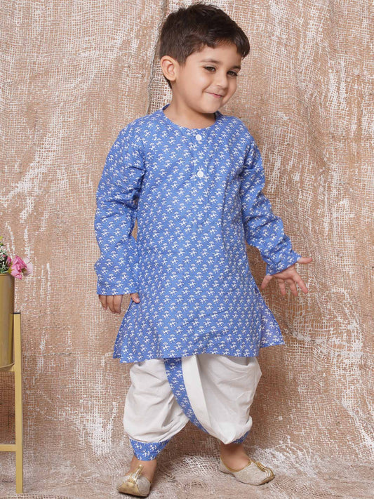Kids Floral Print Pure Cotton Blue Dhoti Kurta Set For Boys