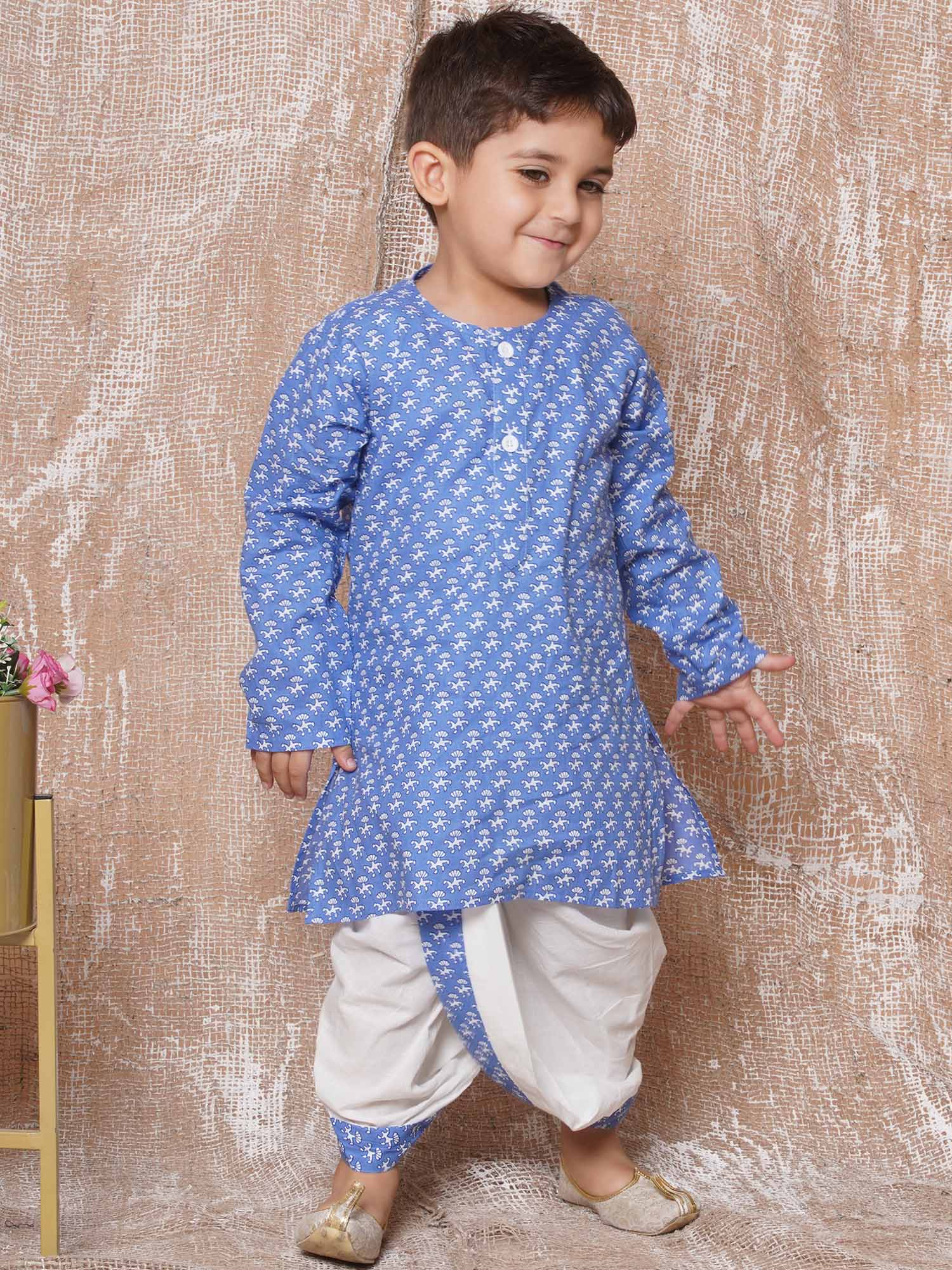 Kids Boys Blue Floral Print Pure Cotton Dhoti Set