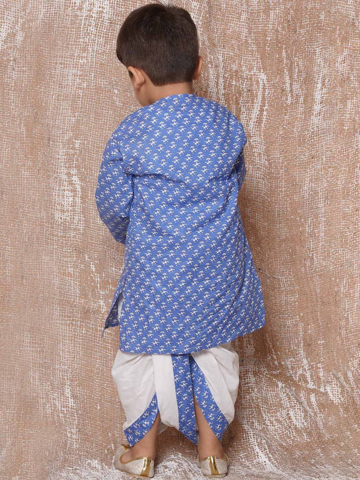 Kids Floral Print Pure Cotton Blue Dhoti Kurta Set For Boys