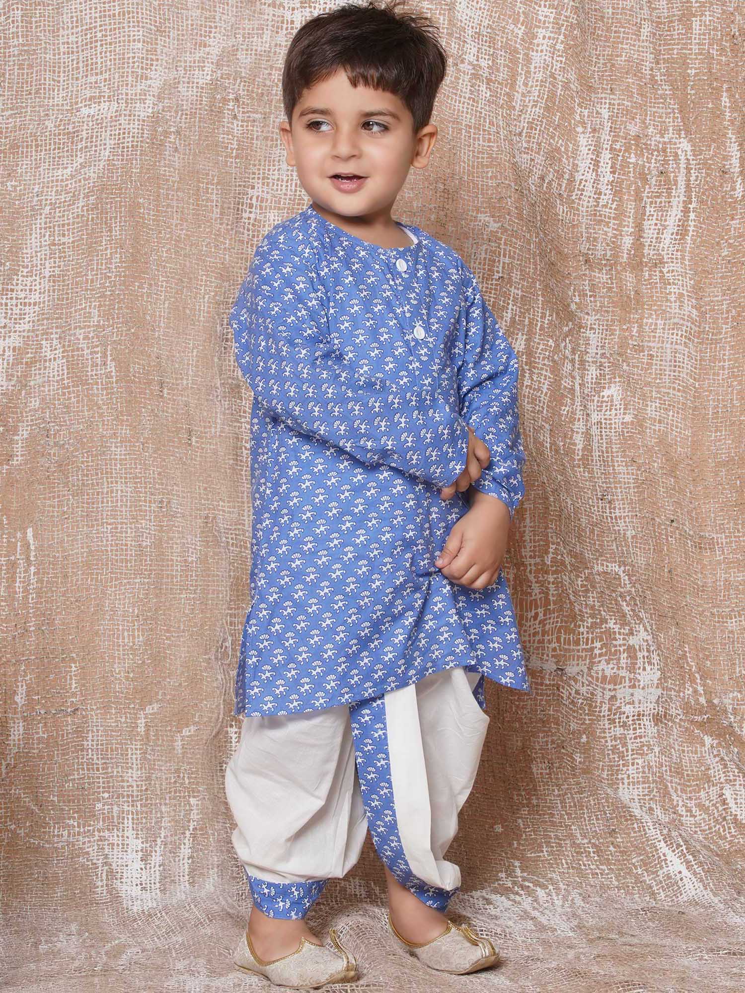 Kids Boys Blue Floral Print Pure Cotton Dhoti Set