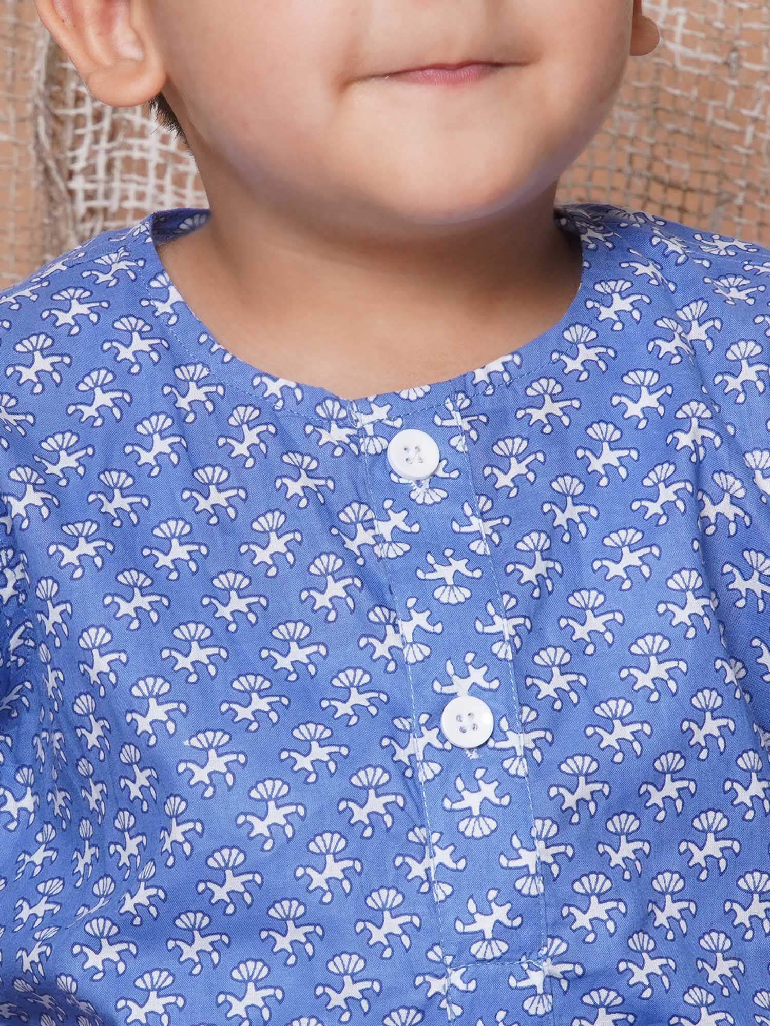 Kids Boys Blue Floral Print Pure Cotton Dhoti Set