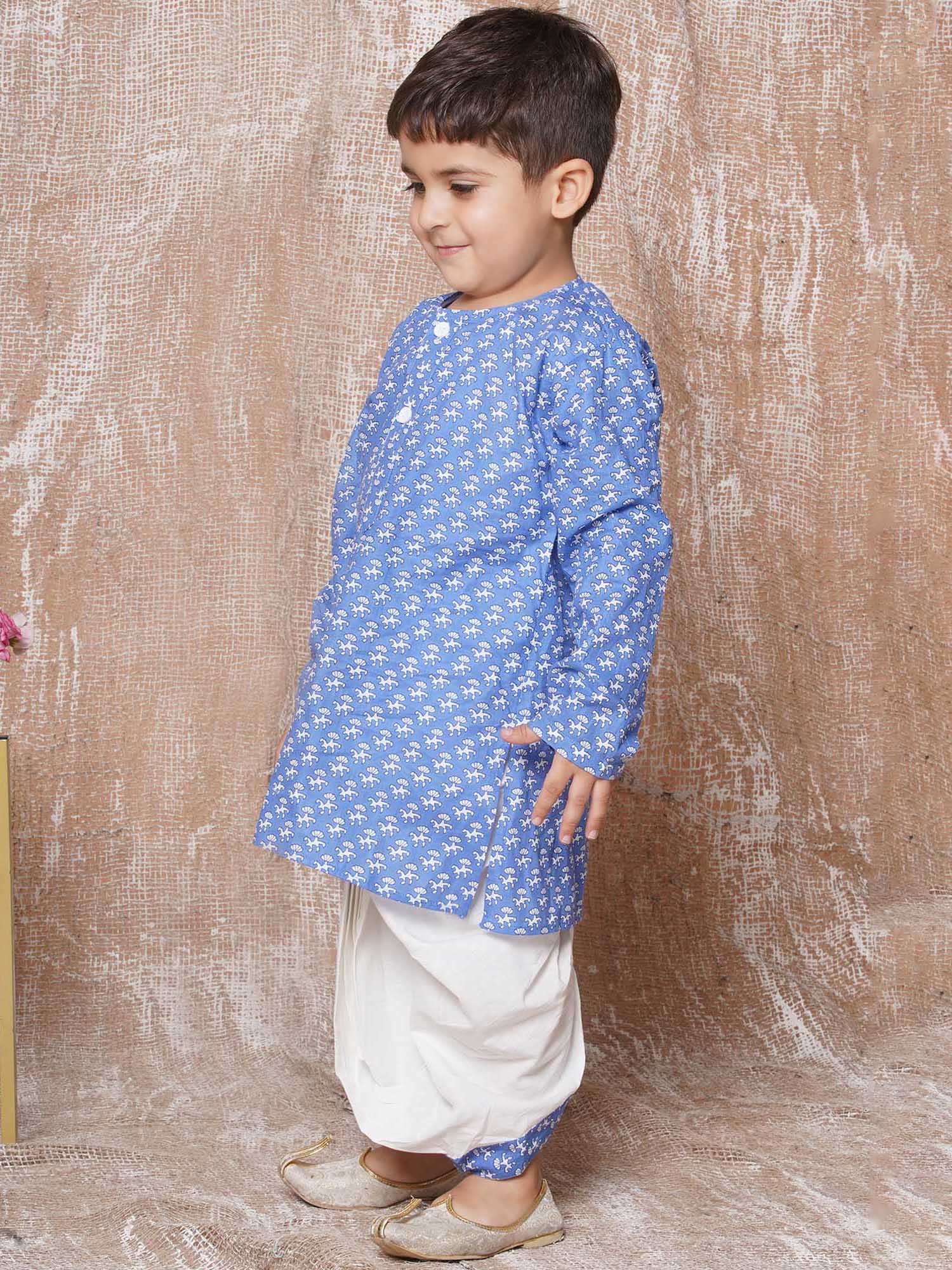 Kids Boys Blue Floral Print Pure Cotton Dhoti Set