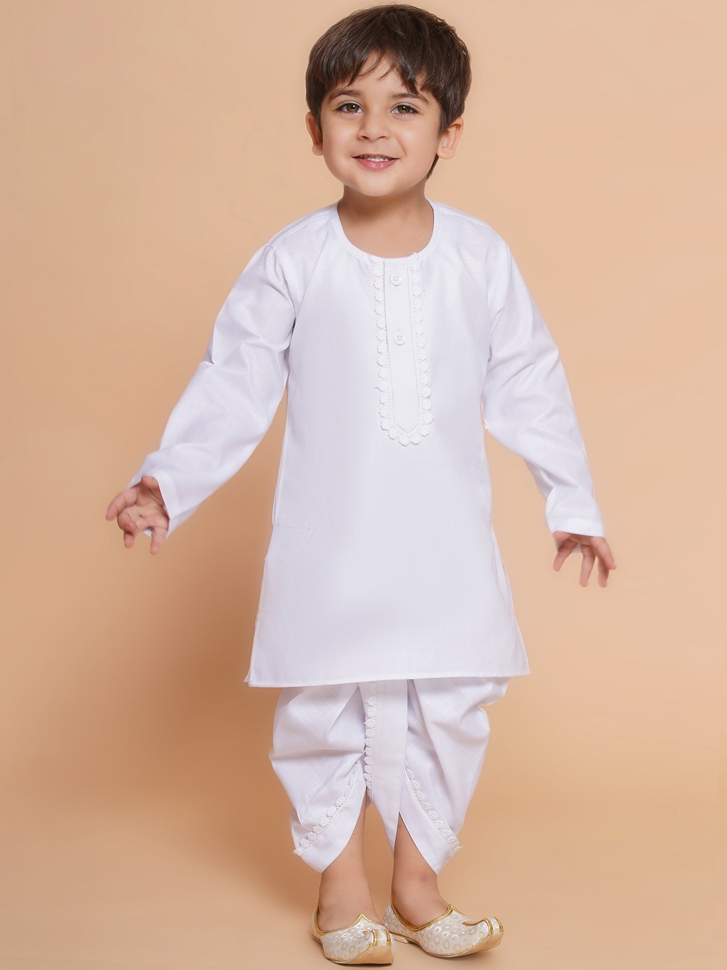 Boys White Solid Pure Cotton Dhoti Kurta Set for Festivals