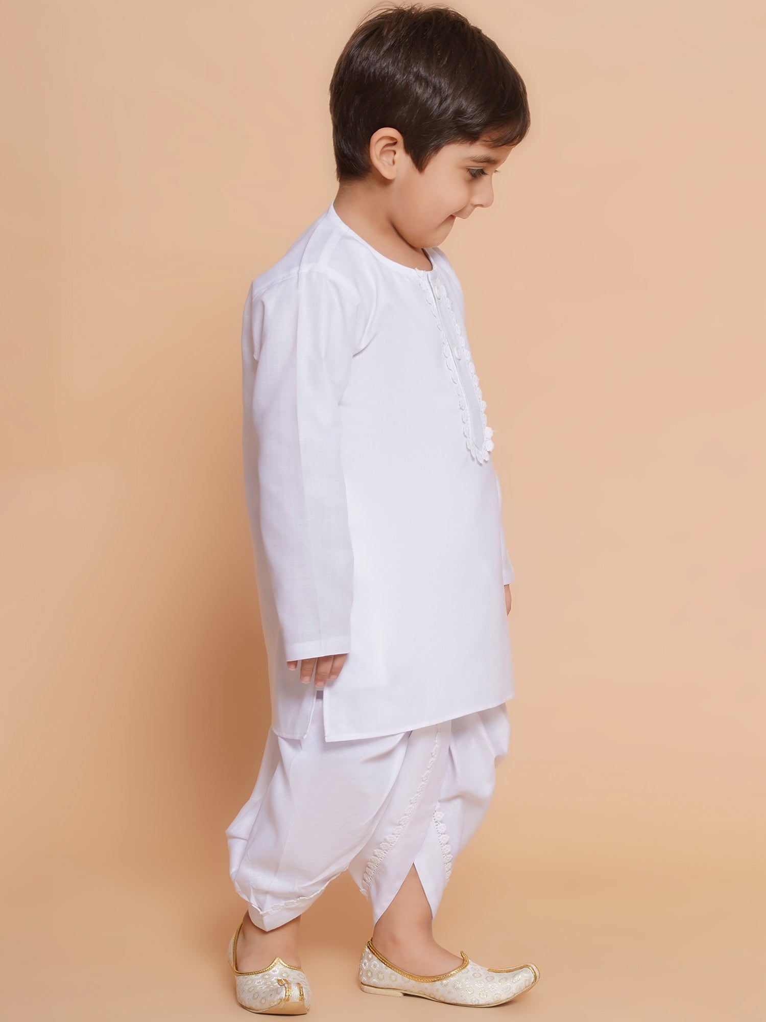 Boys White Solid Pure Cotton Dhoti Kurta Set for Festivals
