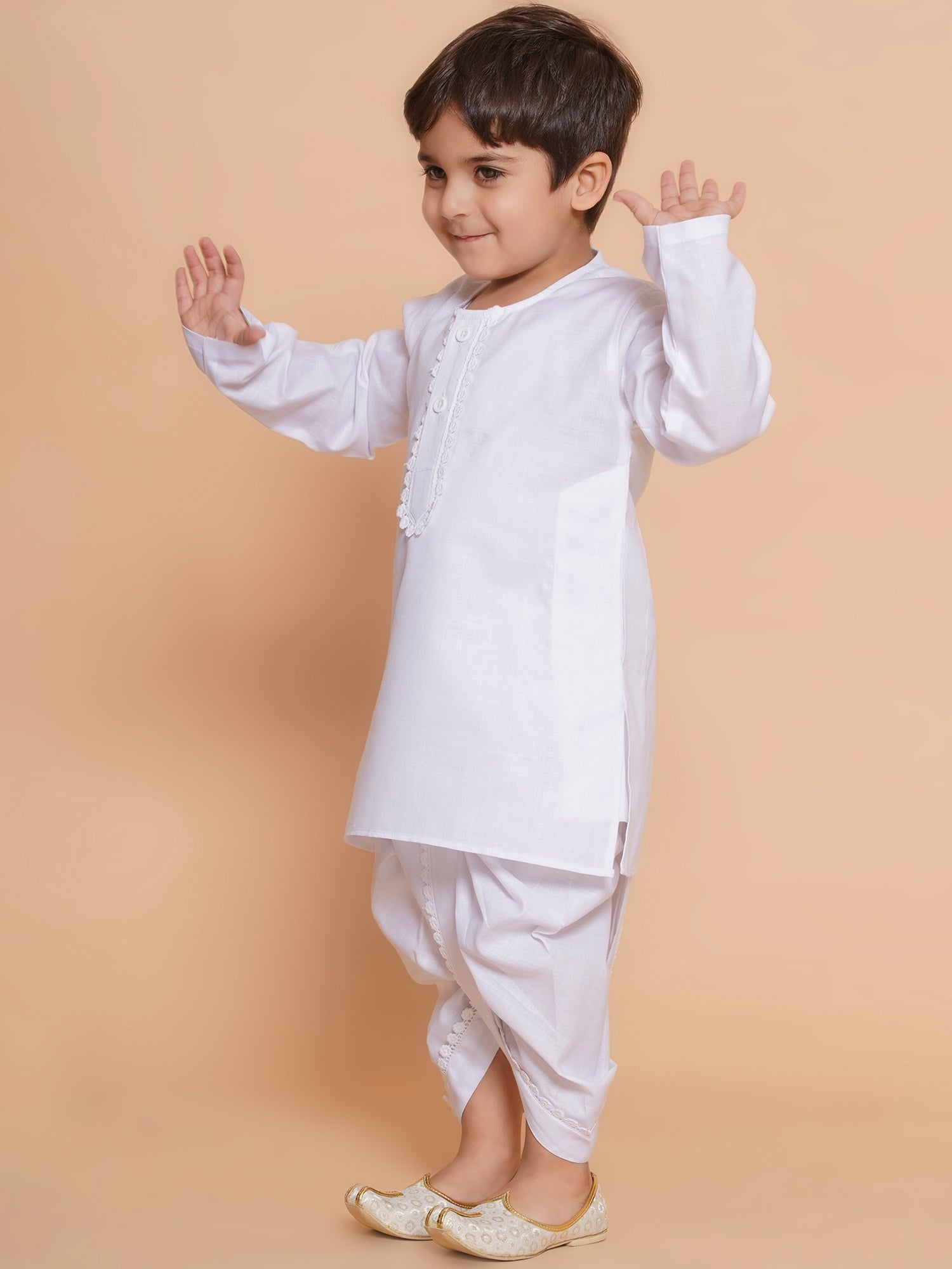 Boys White Solid Pure Cotton Dhoti Kurta Set for Festivals