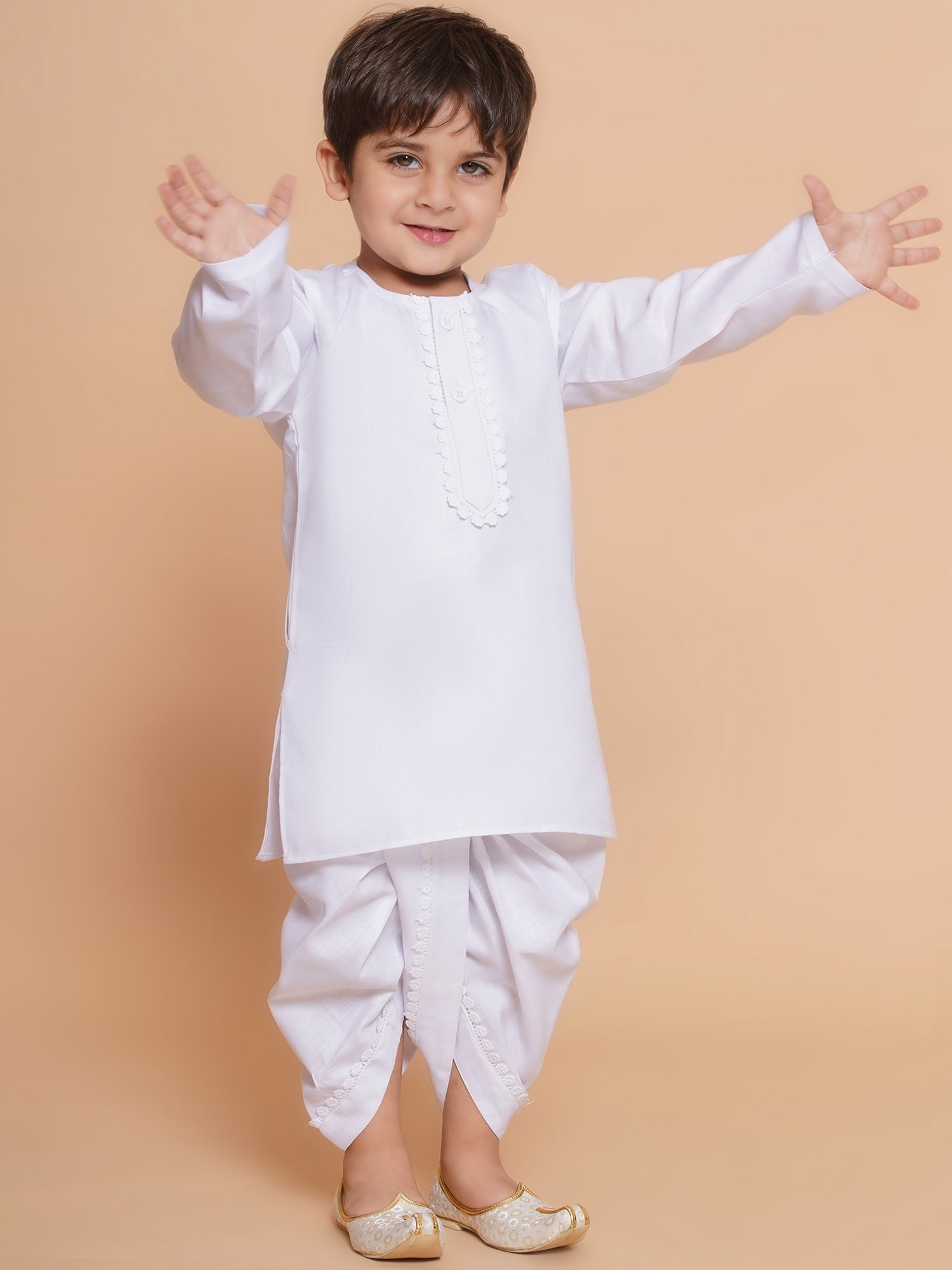 Boys White Solid Pure Cotton Dhoti Kurta Set for Festivals