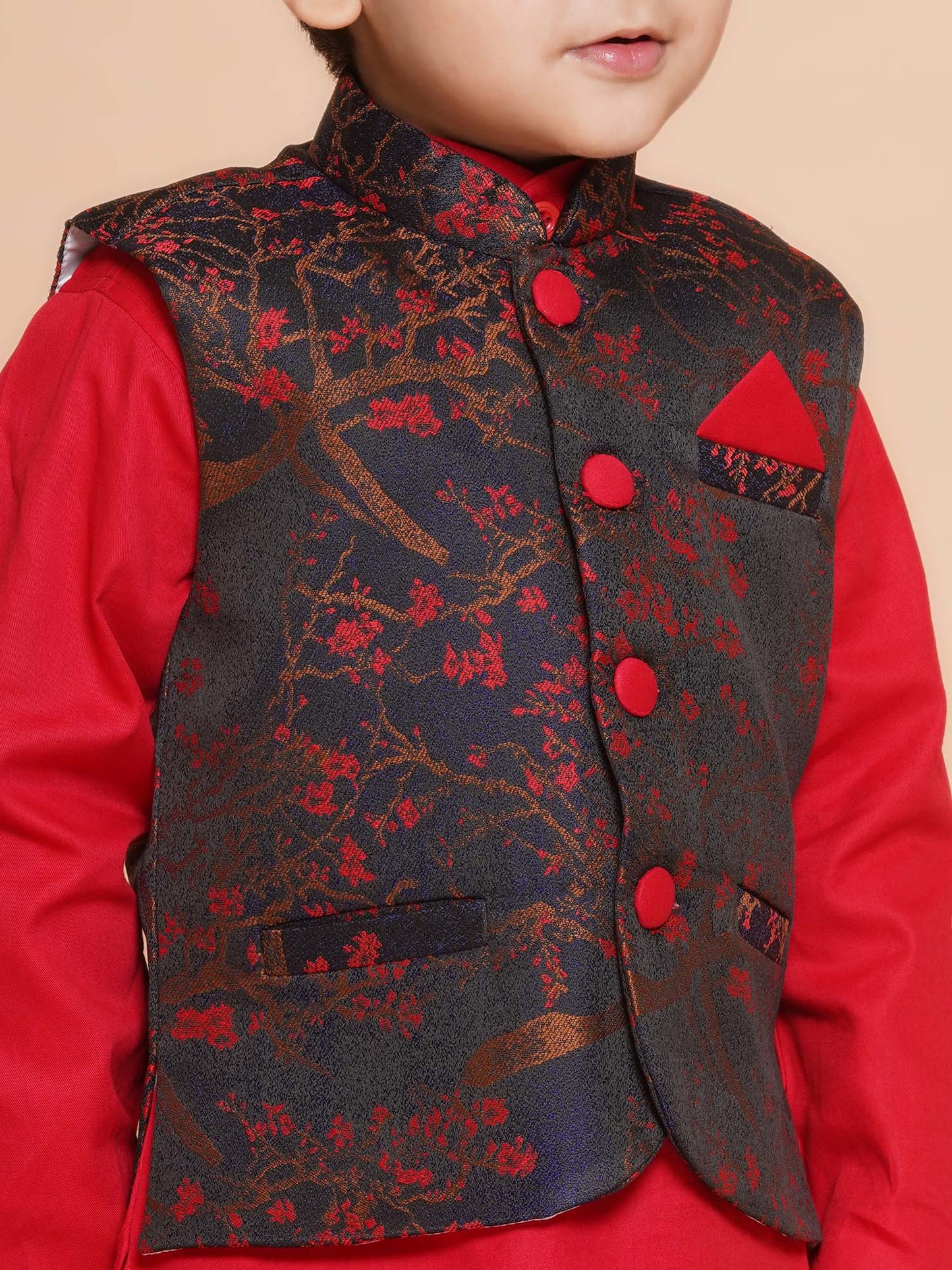 Kids Cotton Printed Red Dhoti Kurta Set For Boys With Waistcoat