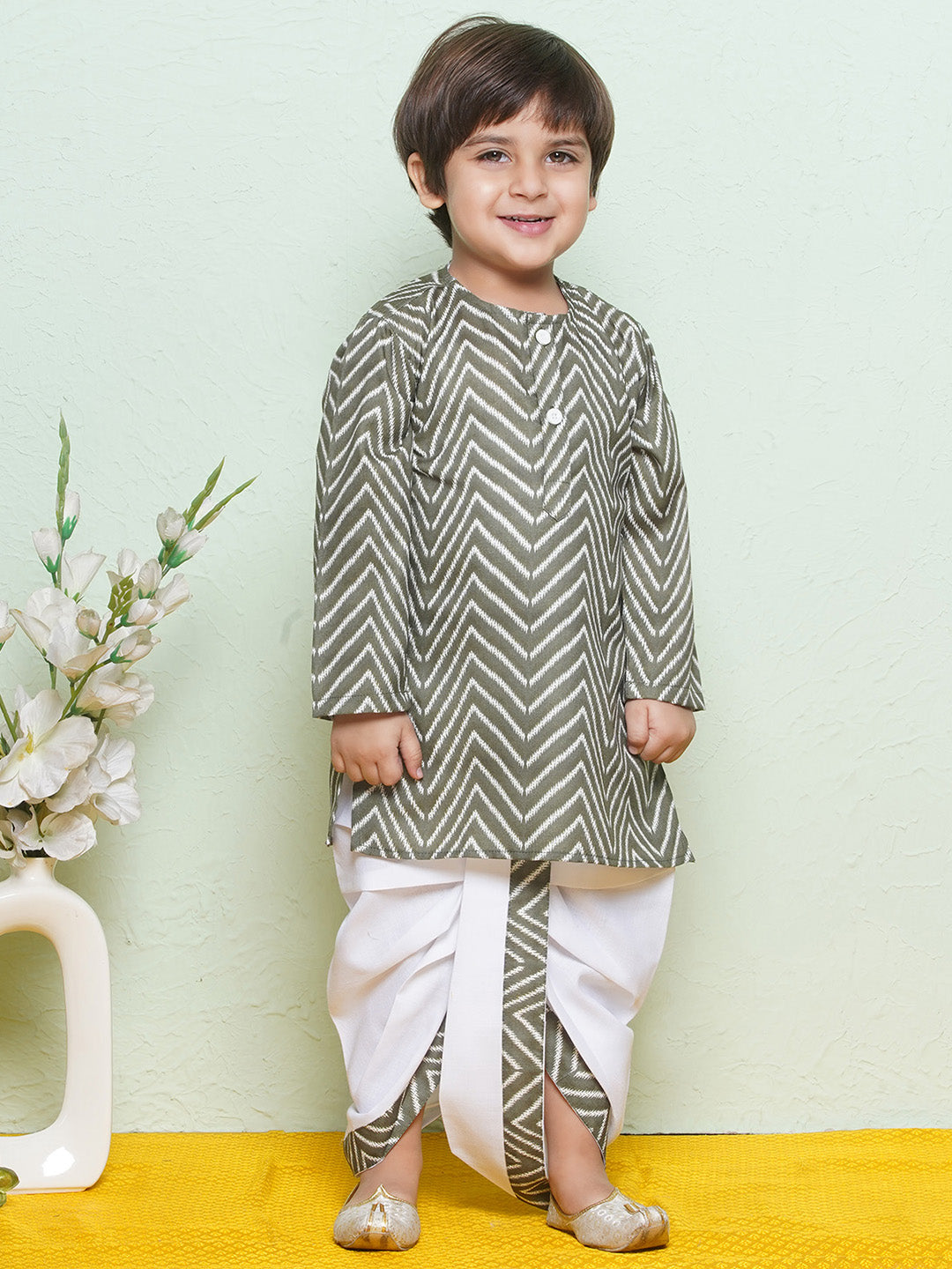 Kids Boys Green Zig Zag Pure Cotton Dhoti Set - AJ Dezines