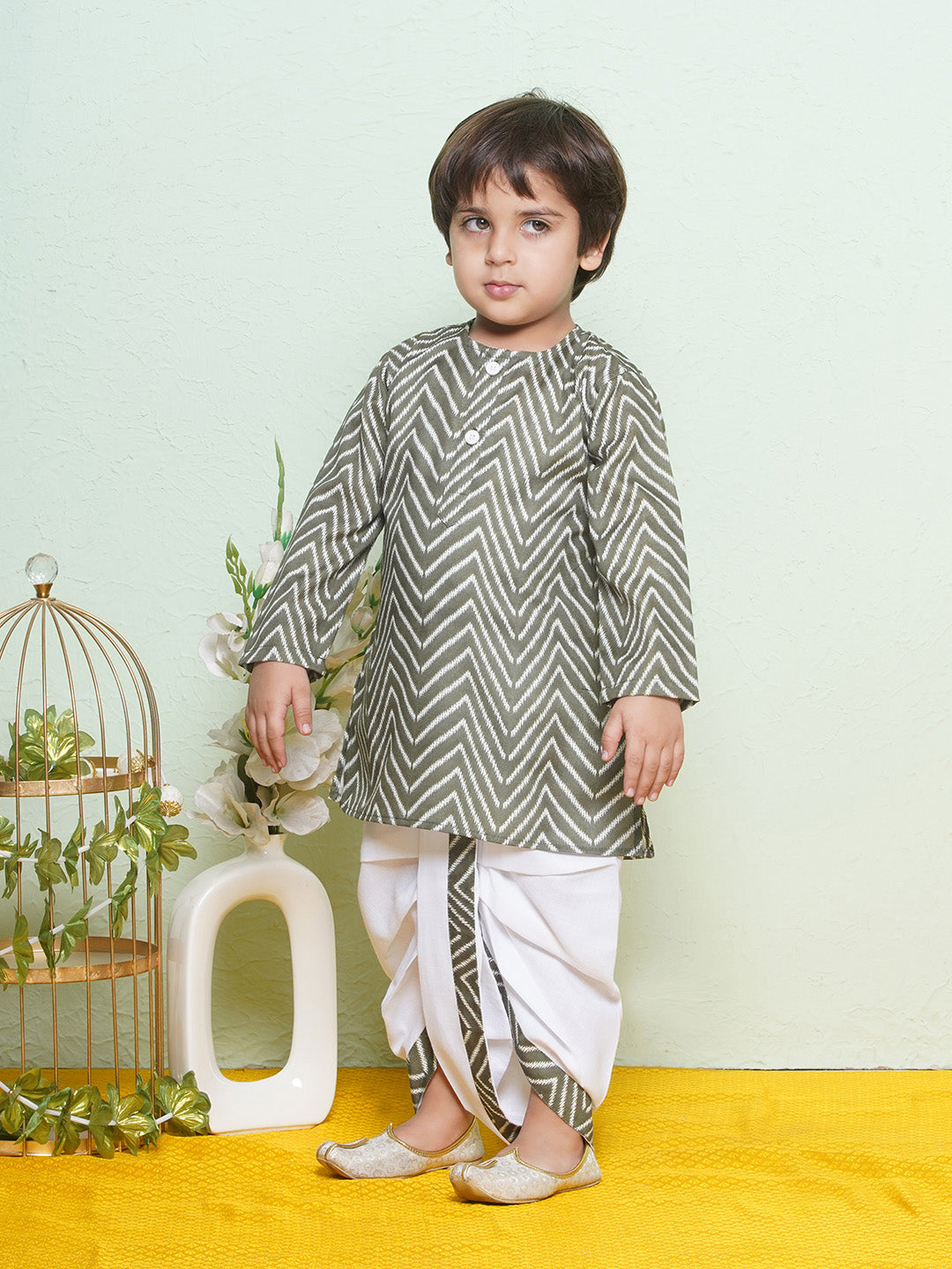 Kids Boys Green Zig Zag Pure Cotton Dhoti Set - AJ Dezines