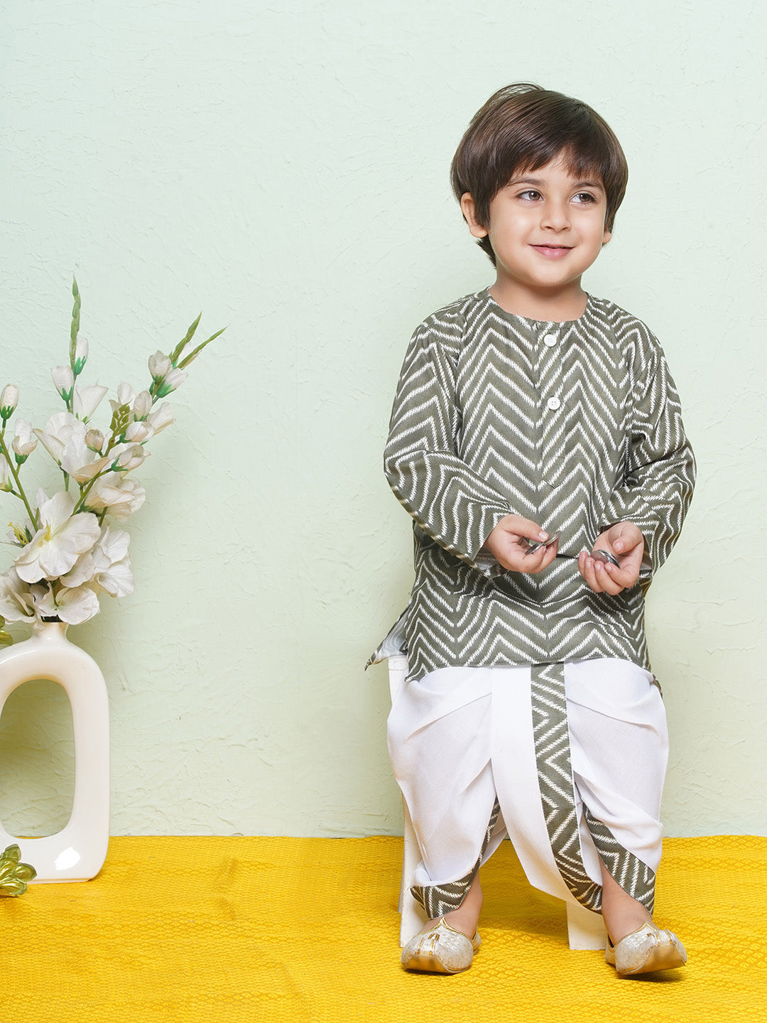 Kids Boys Green Zig Zag Pure Cotton Dhoti Set - AJ Dezines