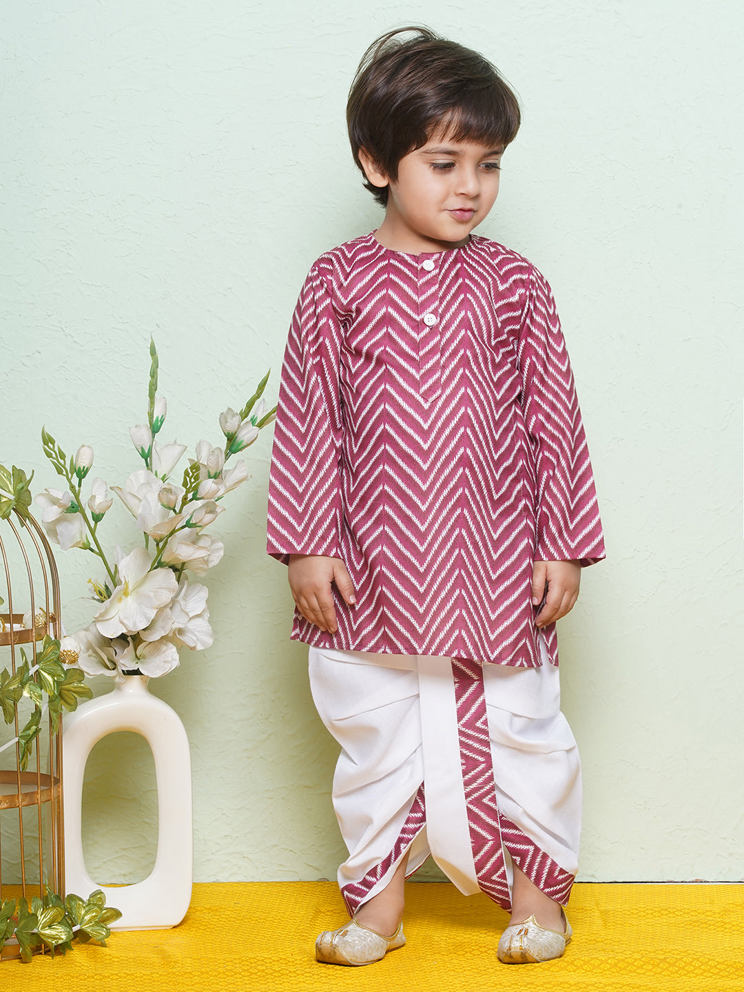 Kids Boys Maroon Zig Zag Pure Cotton Dhoti Set