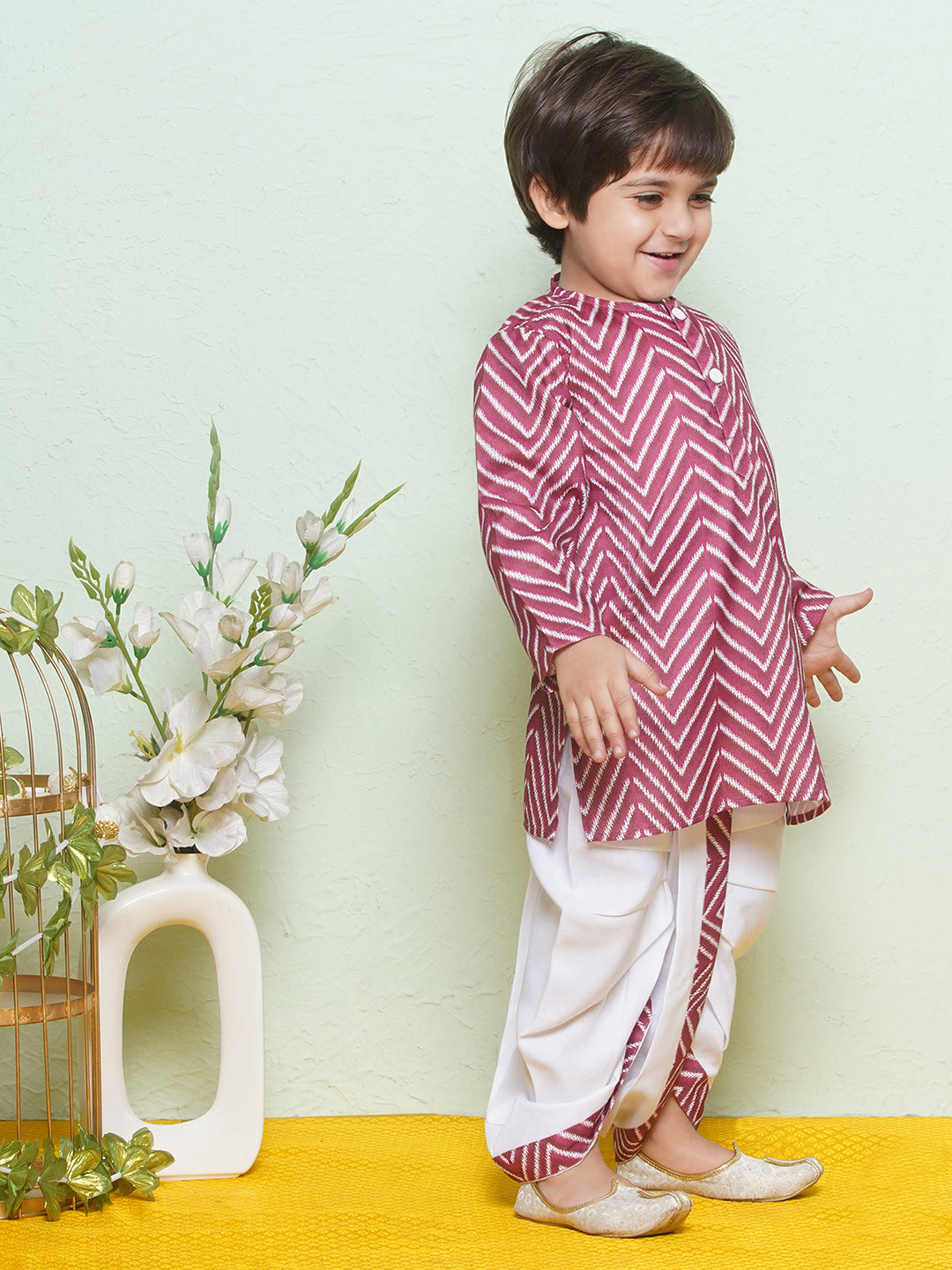 Kids Boys Maroon Zig Zag Pure Cotton Dhoti Set