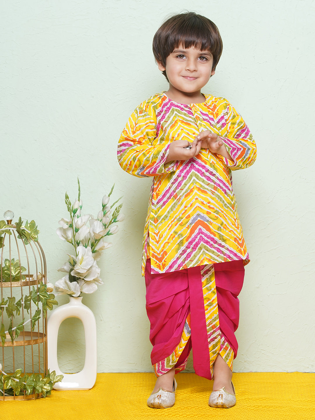 Kids Boys Pink Printed Pure Cotton Dhoti Set