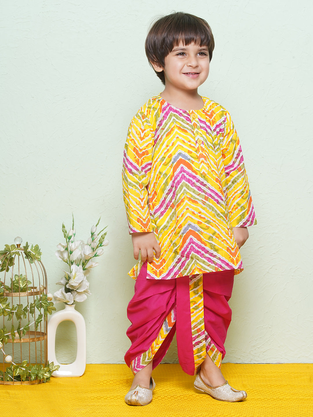 Kids Boys Pink Printed Pure Cotton Dhoti Set