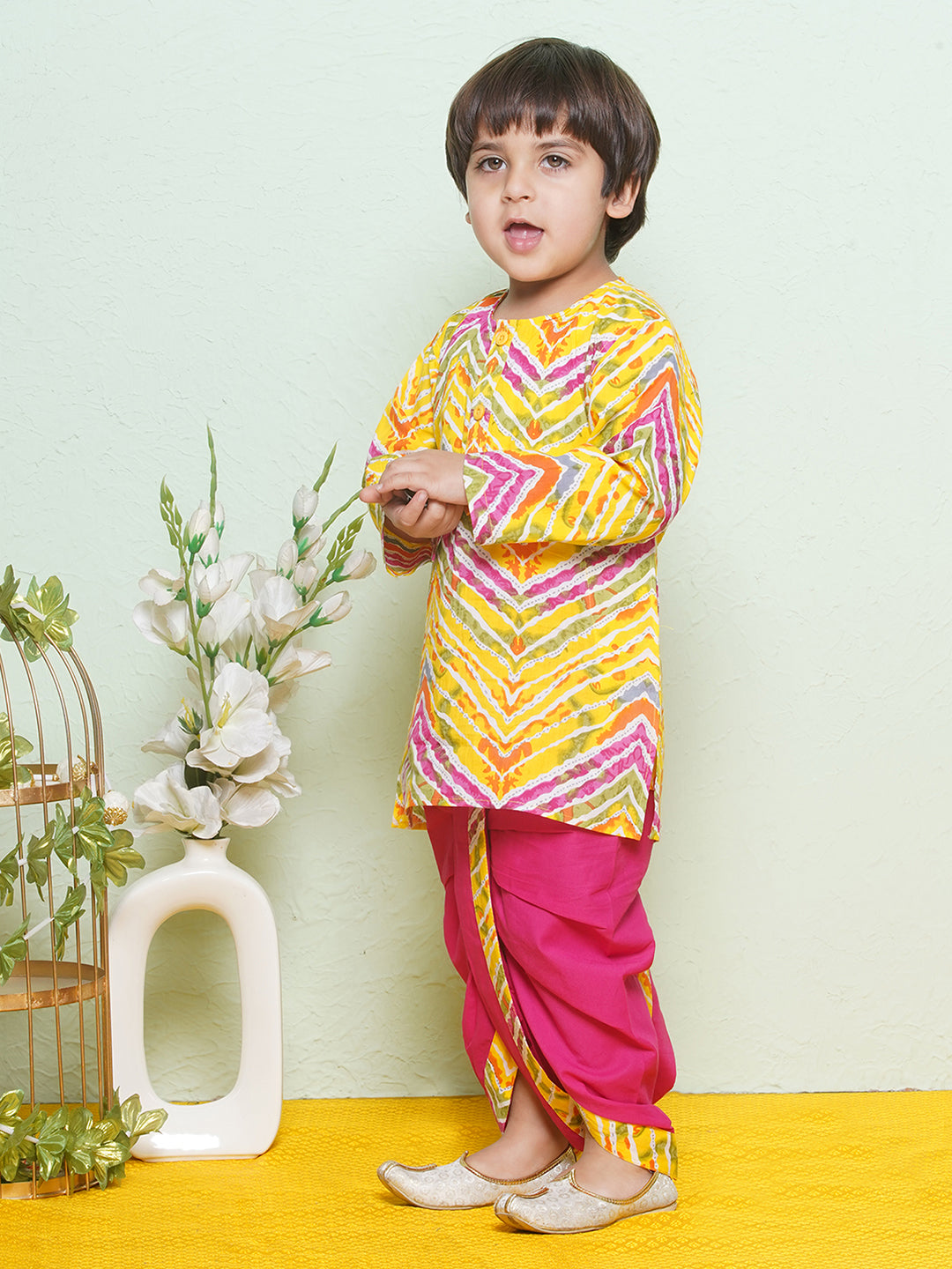 Kids Animal Print Pure Cotton Pink Dhoti Kurta Set For Boys