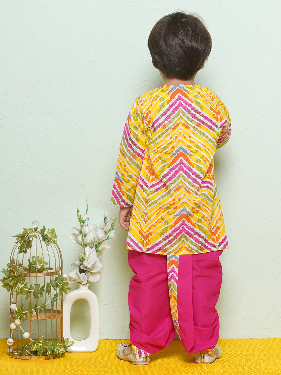 Kids Boys Pink Printed Pure Cotton Dhoti Set