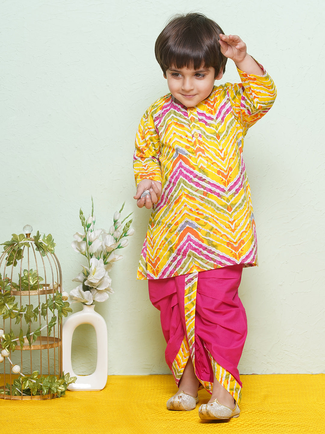 Kids Boys Pink Printed Pure Cotton Dhoti Set