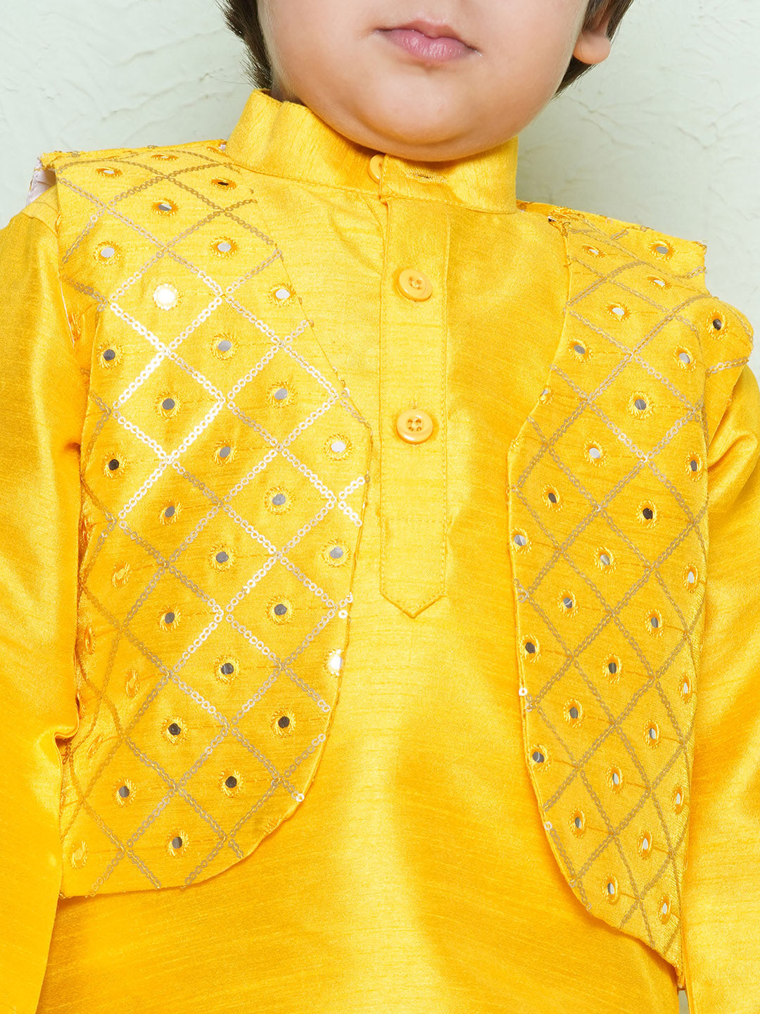 Kids Boys Mustard Mirror Embroidery Cotton Blend Dhoti Set - AJ Dezines
