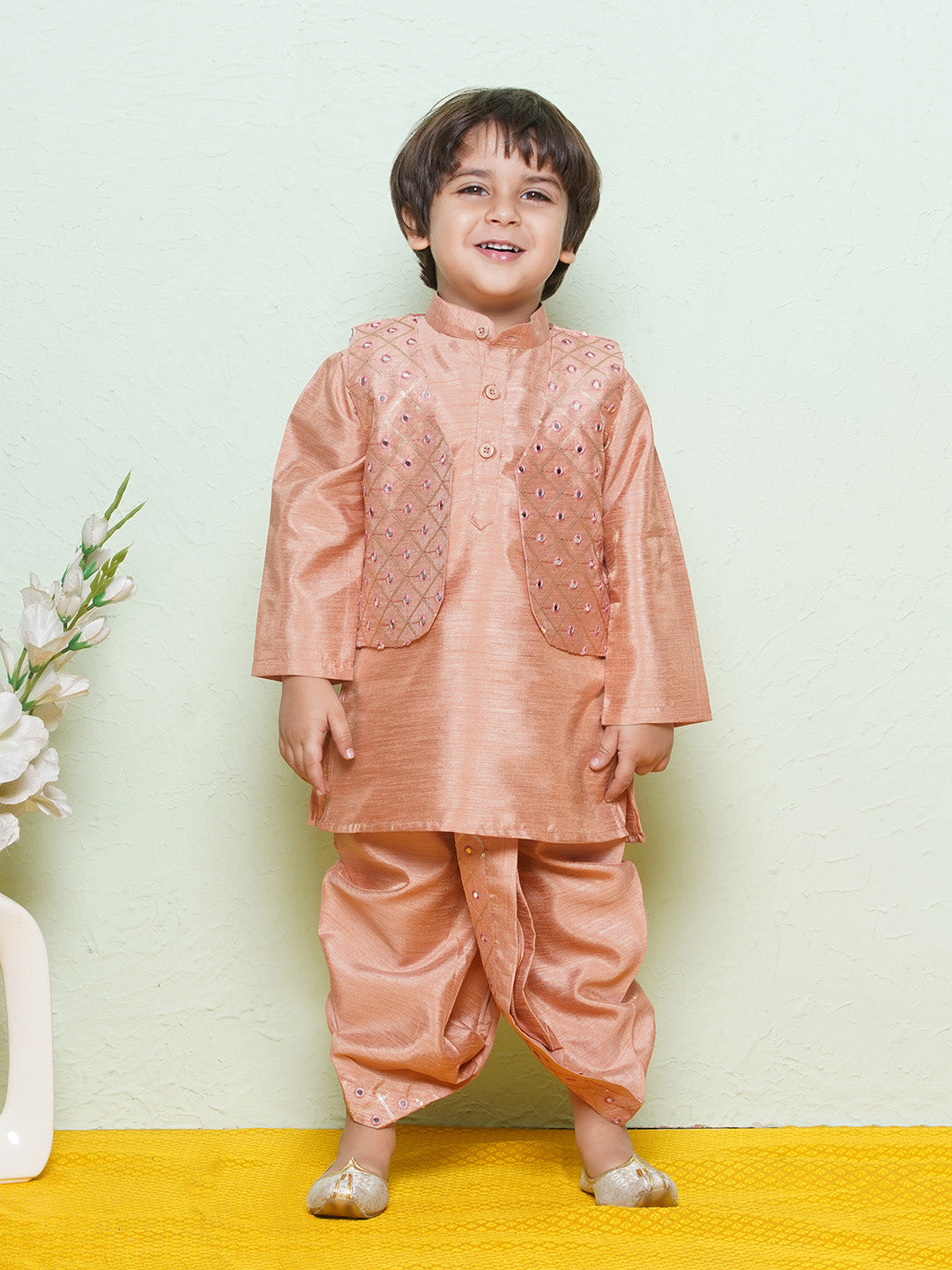 Kids Boys Peach Mirror Embroidery Cotton Blend Dhoti Set